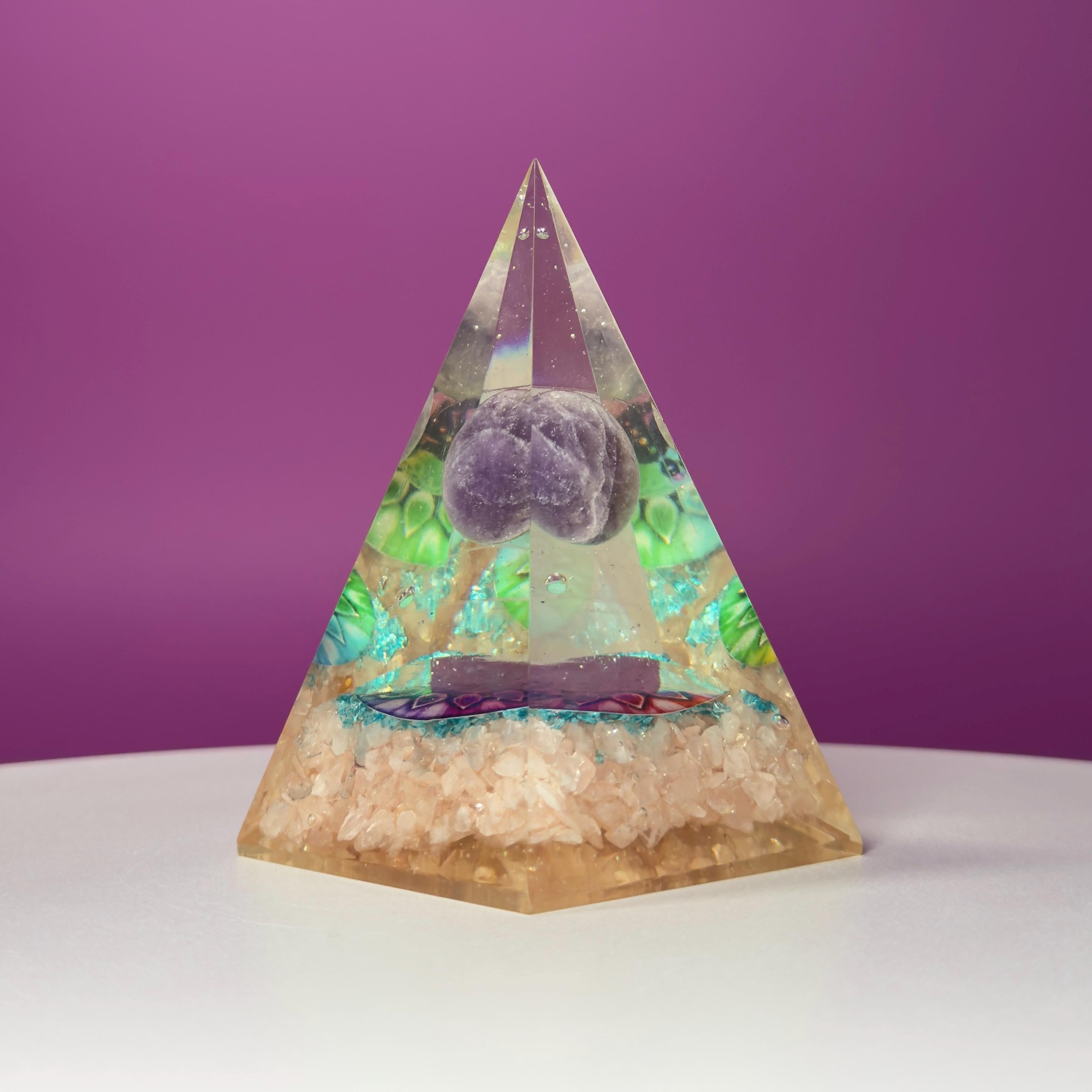 Rose Quartz Orgone Pyramid with Amethyst Sphere | Chakra Energy Décor