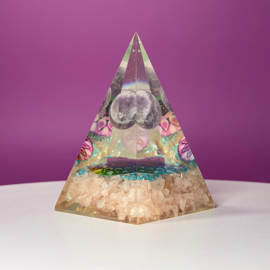 Rose Quartz Orgone Pyramid with Amethyst Sphere | Chakra Energy Décor