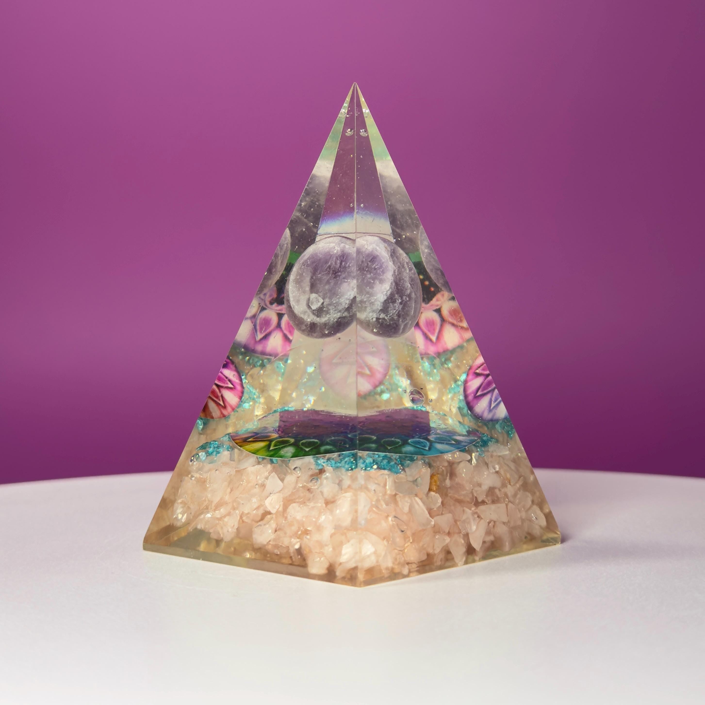 Rose Quartz Orgone Pyramid with Amethyst Sphere | Chakra Energy Décor