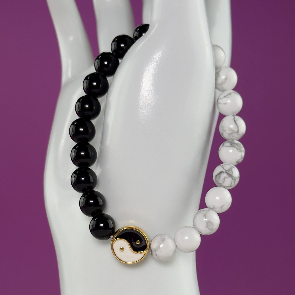 Howlite Black Obsidian Bracelet Yin Yang 8mm Balance Stone Stretch Beaded Bracelet