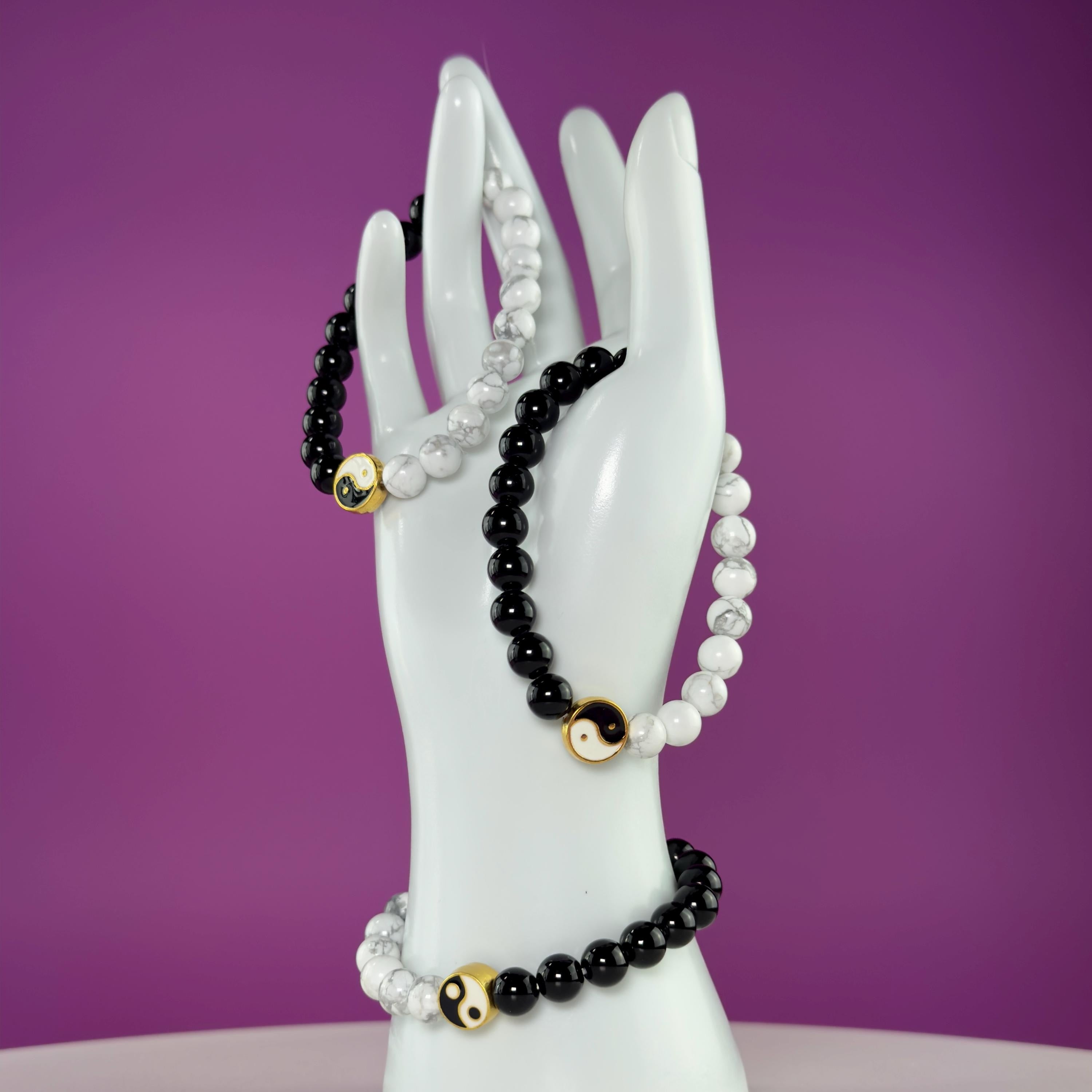 Howlite Black Obsidian Bracelet Yin Yang 8mm Balance Stone Stretch Beaded Bracelet