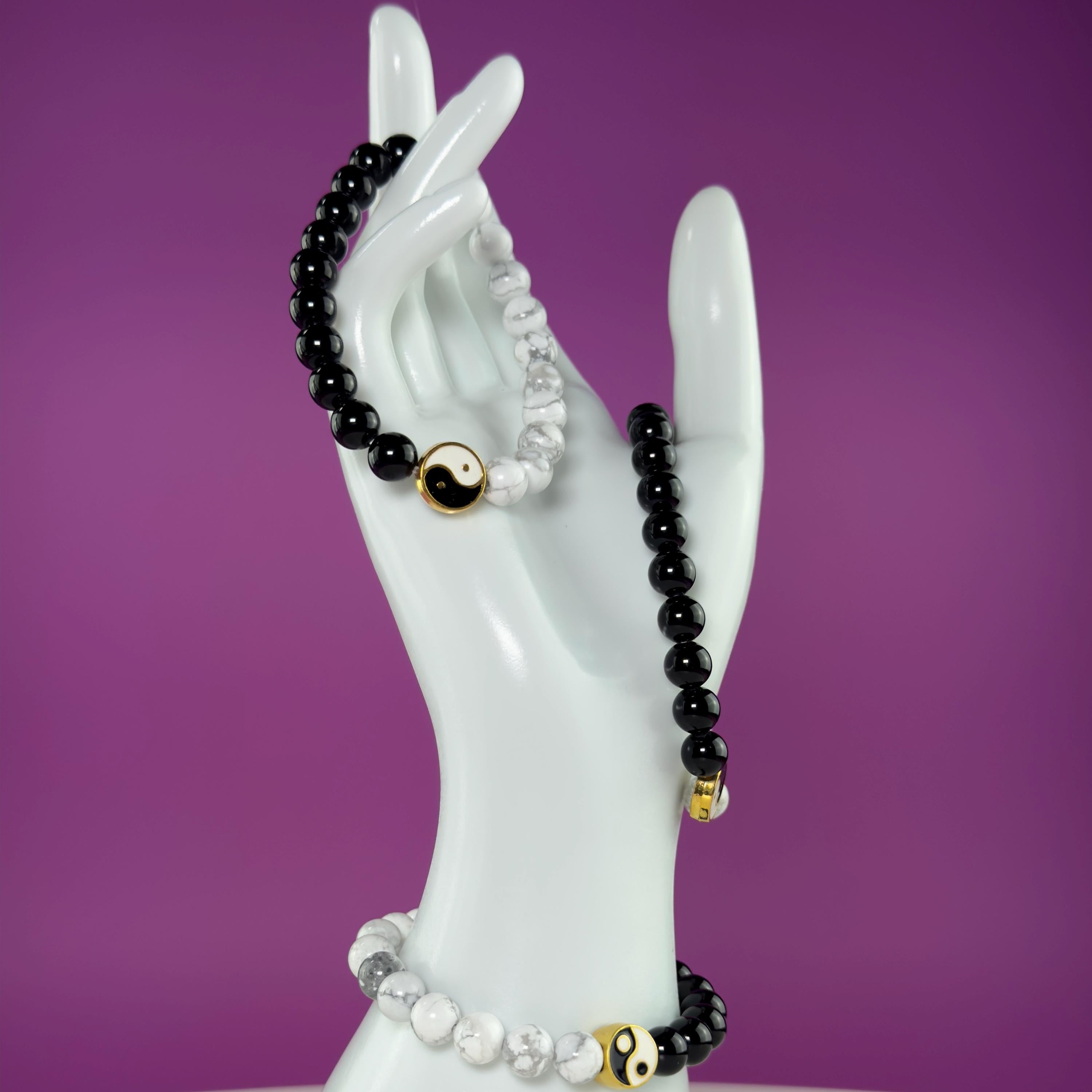 Howlite Black Obsidian Bracelet Yin Yang 8mm Balance Stone Stretch Beaded Bracelet