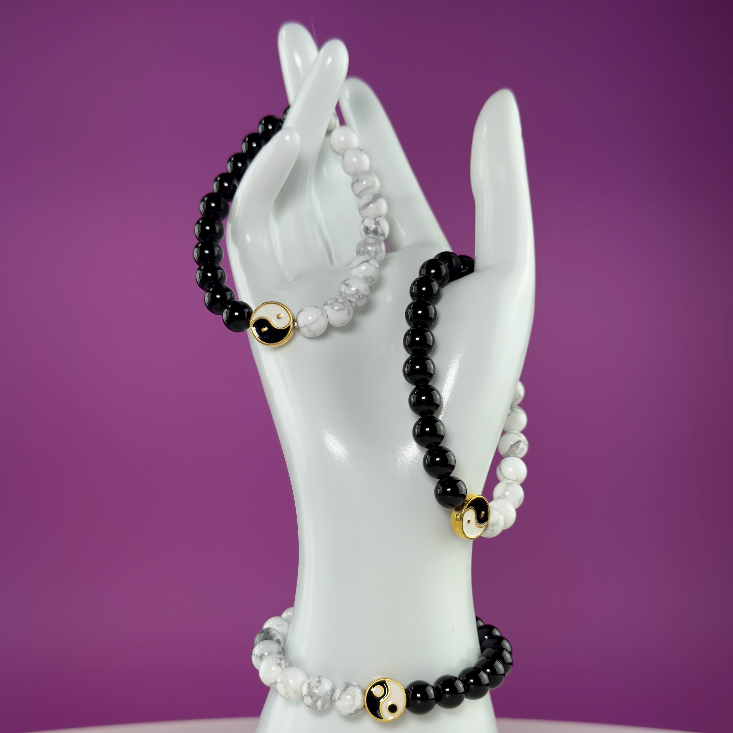 Howlite Black Obsidian Bracelet Yin Yang 8mm Balance Stone Stretch Beaded Bracelet