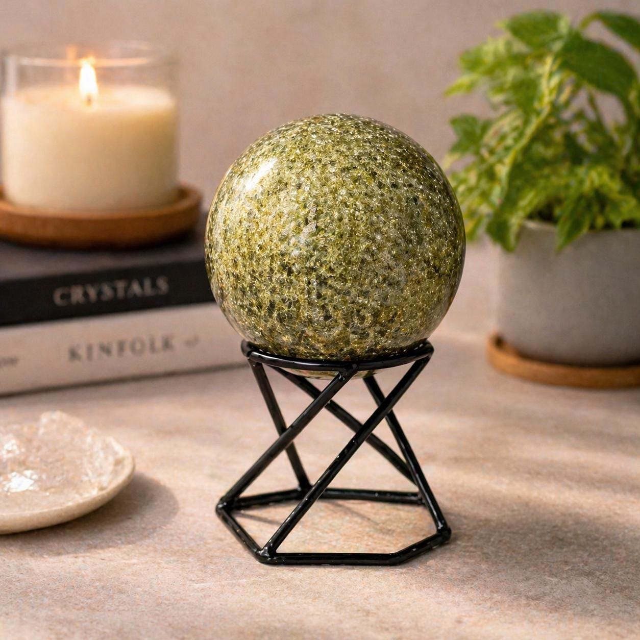 Green Tourmaline Sphere with Black Metal Stand – Protection & Grounding Crystal