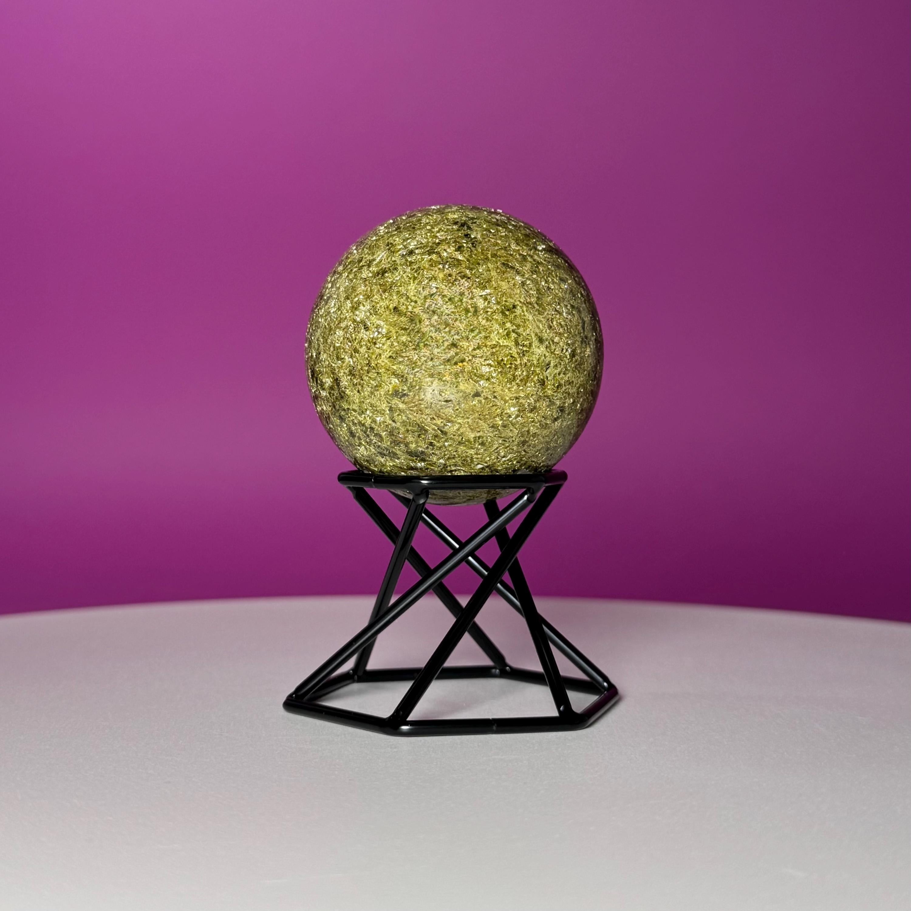 Green Tourmaline Sphere with Black Metal Stand – Protection & Grounding Crystal