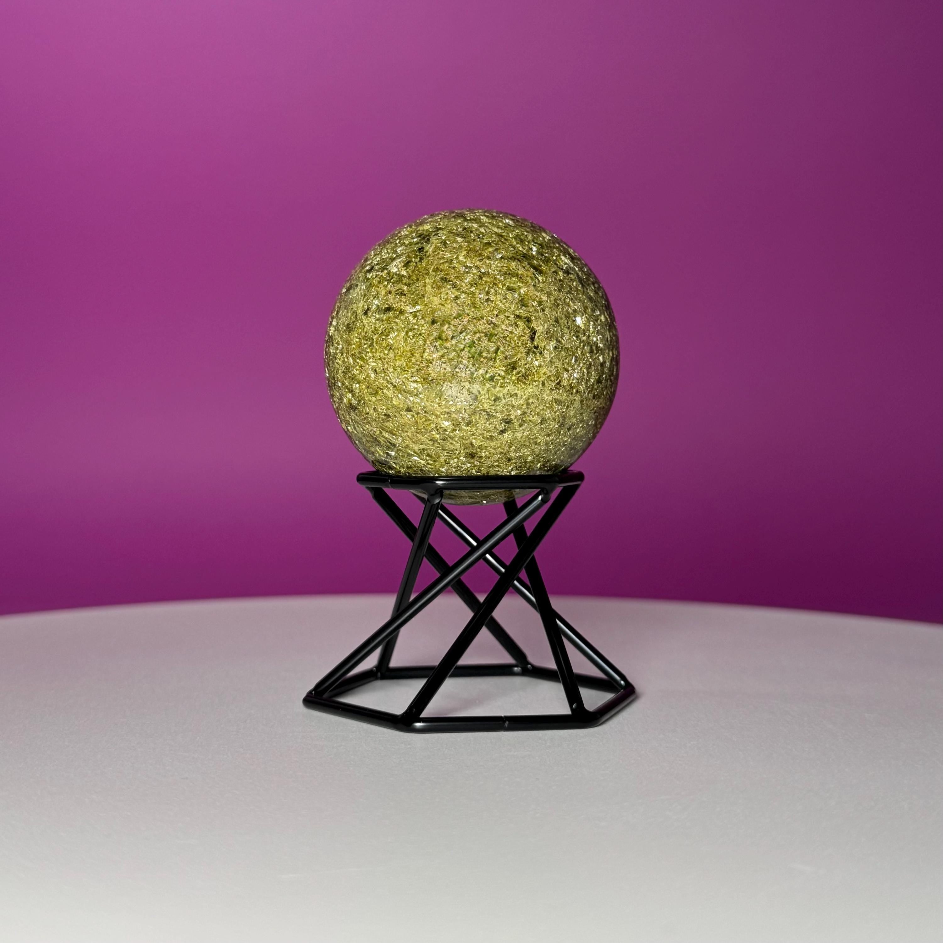 Green Tourmaline Sphere with Black Metal Stand – Protection & Grounding Crystal