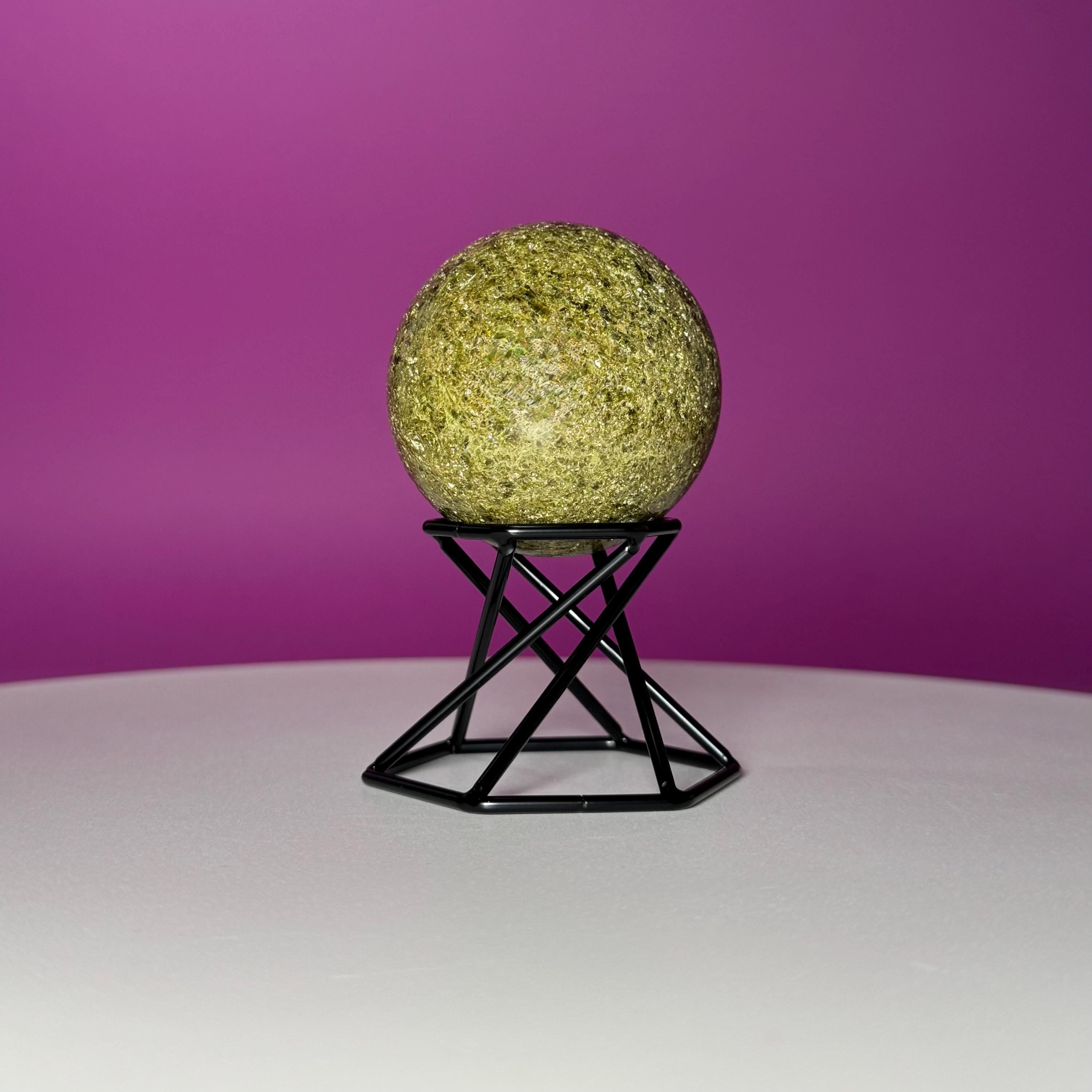 Green Tourmaline Sphere with Black Metal Stand – Protection & Grounding Crystal