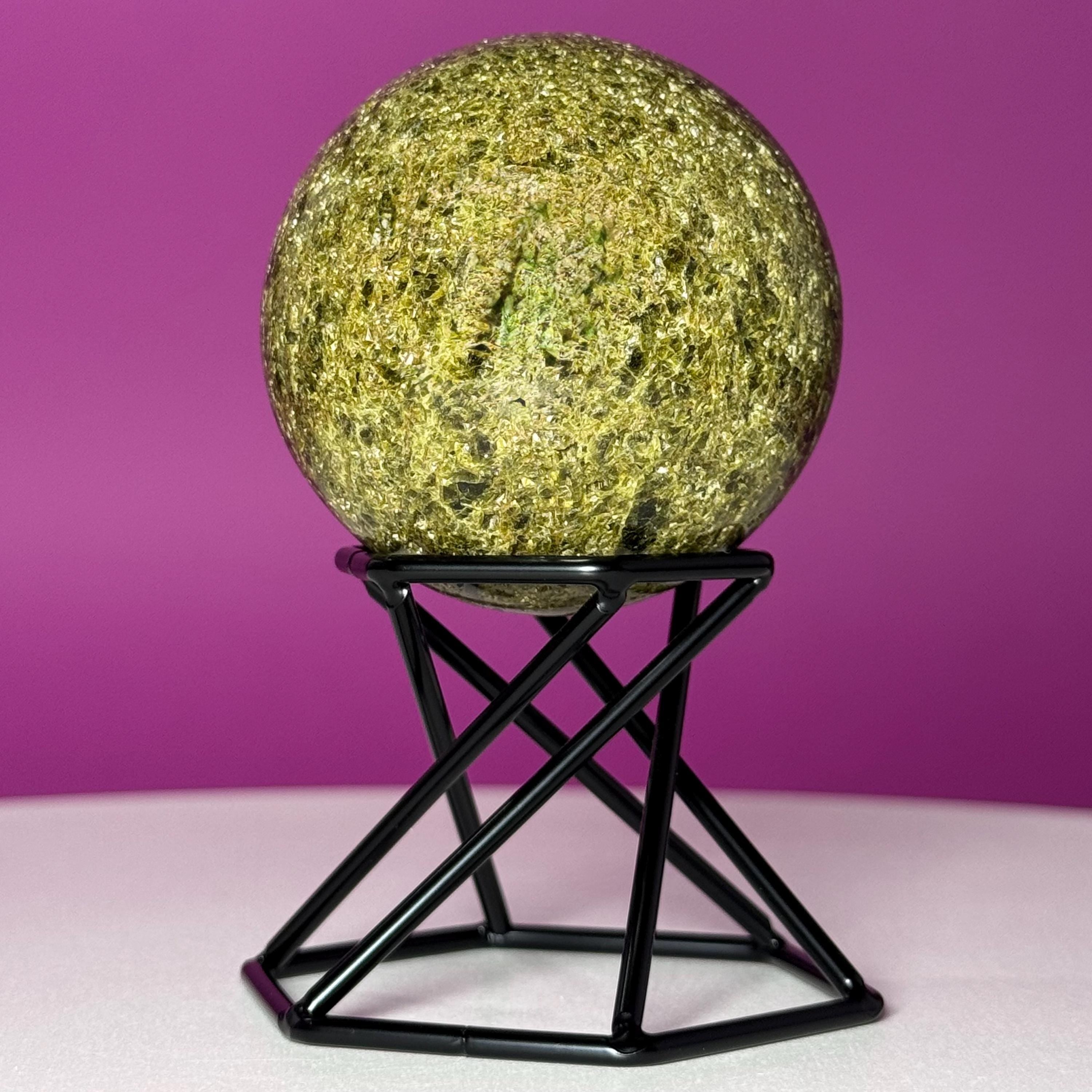 Green Tourmaline Sphere with Black Metal Stand – Protection & Grounding Crystal