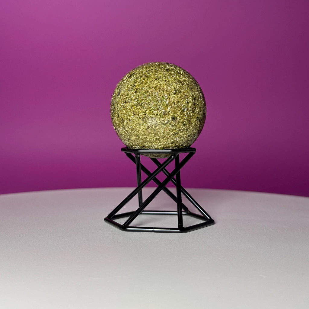 Green Tourmaline Sphere with Black Metal Stand – Protection & Grounding Crystal