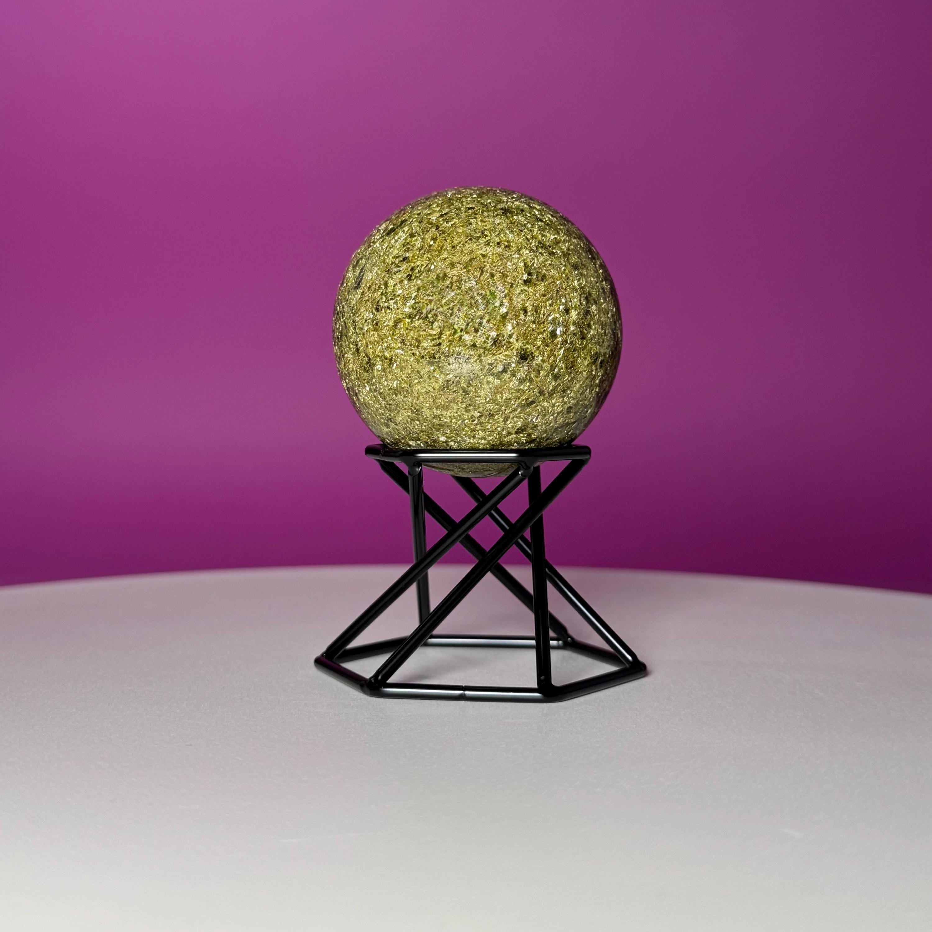 Green Tourmaline Sphere with Black Metal Stand – Protection & Grounding Crystal