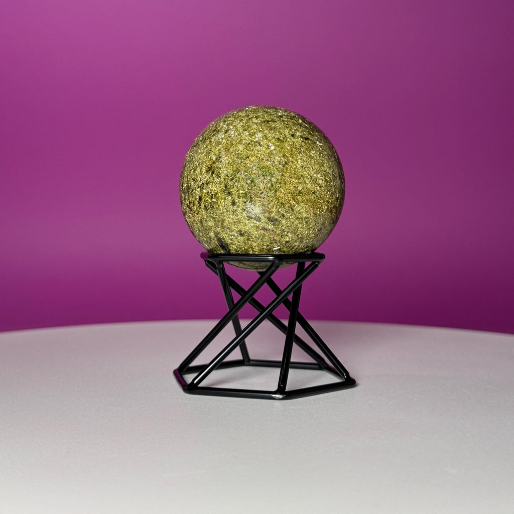 Green Tourmaline Sphere with Black Metal Stand – Protection & Grounding Crystal