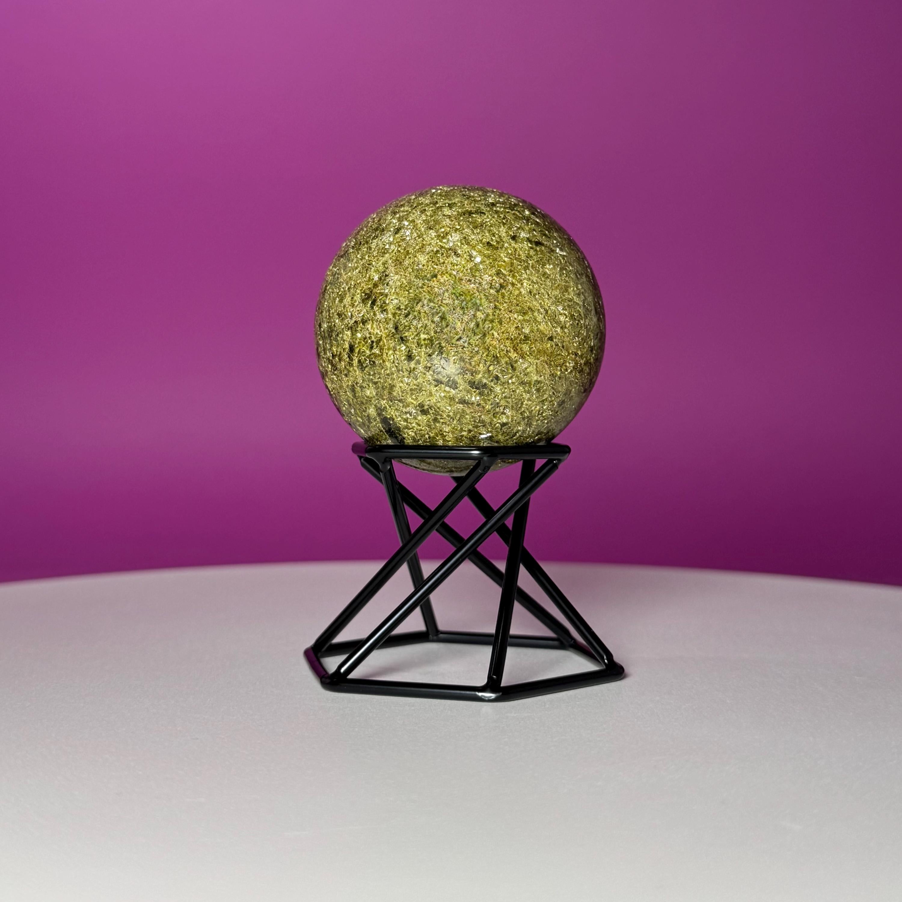 Green Tourmaline Sphere with Black Metal Stand – Protection & Grounding Crystal