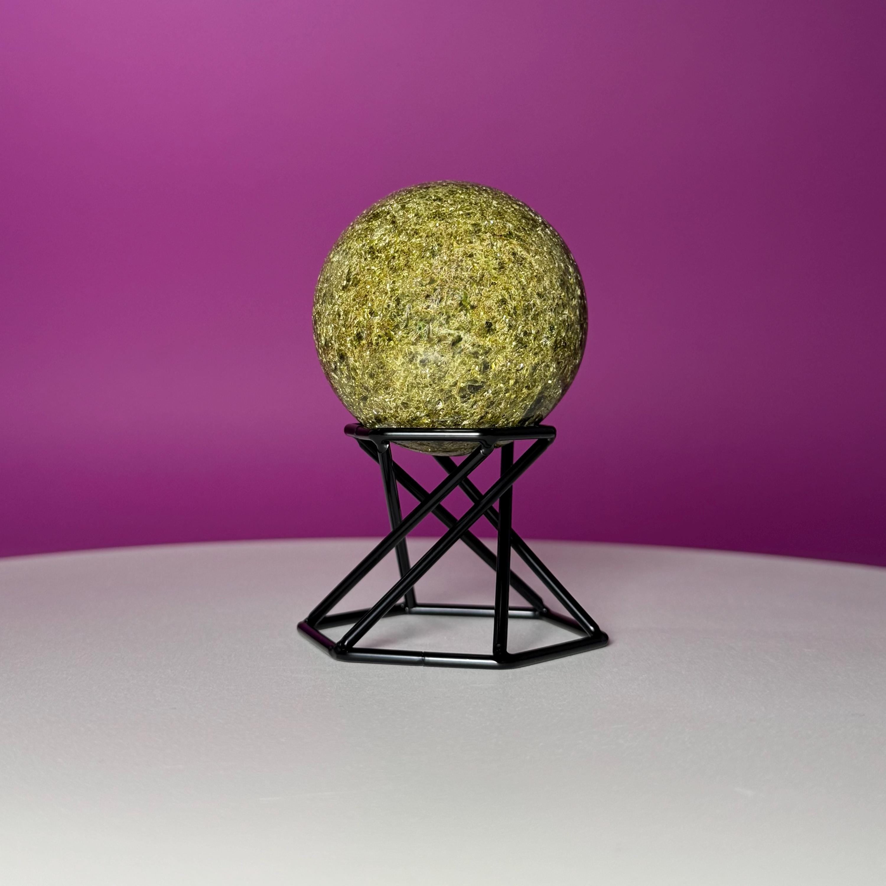 Green Tourmaline Sphere with Black Metal Stand – Protection & Grounding Crystal