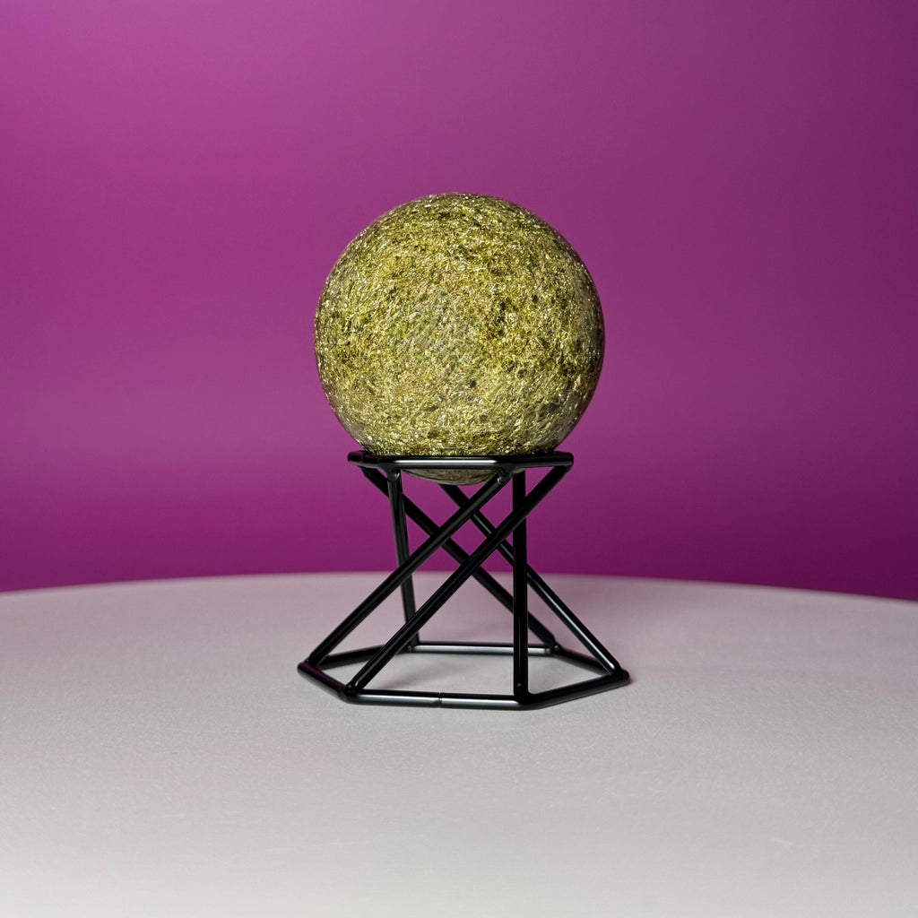 Green Tourmaline Sphere with Black Metal Stand – Protection & Grounding Crystal
