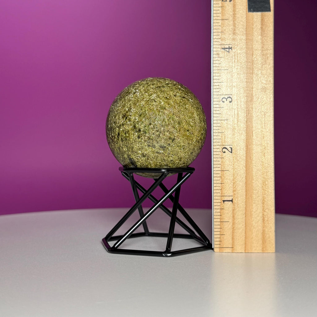 Green Tourmaline Sphere with Black Metal Stand – Protection & Grounding Crystal