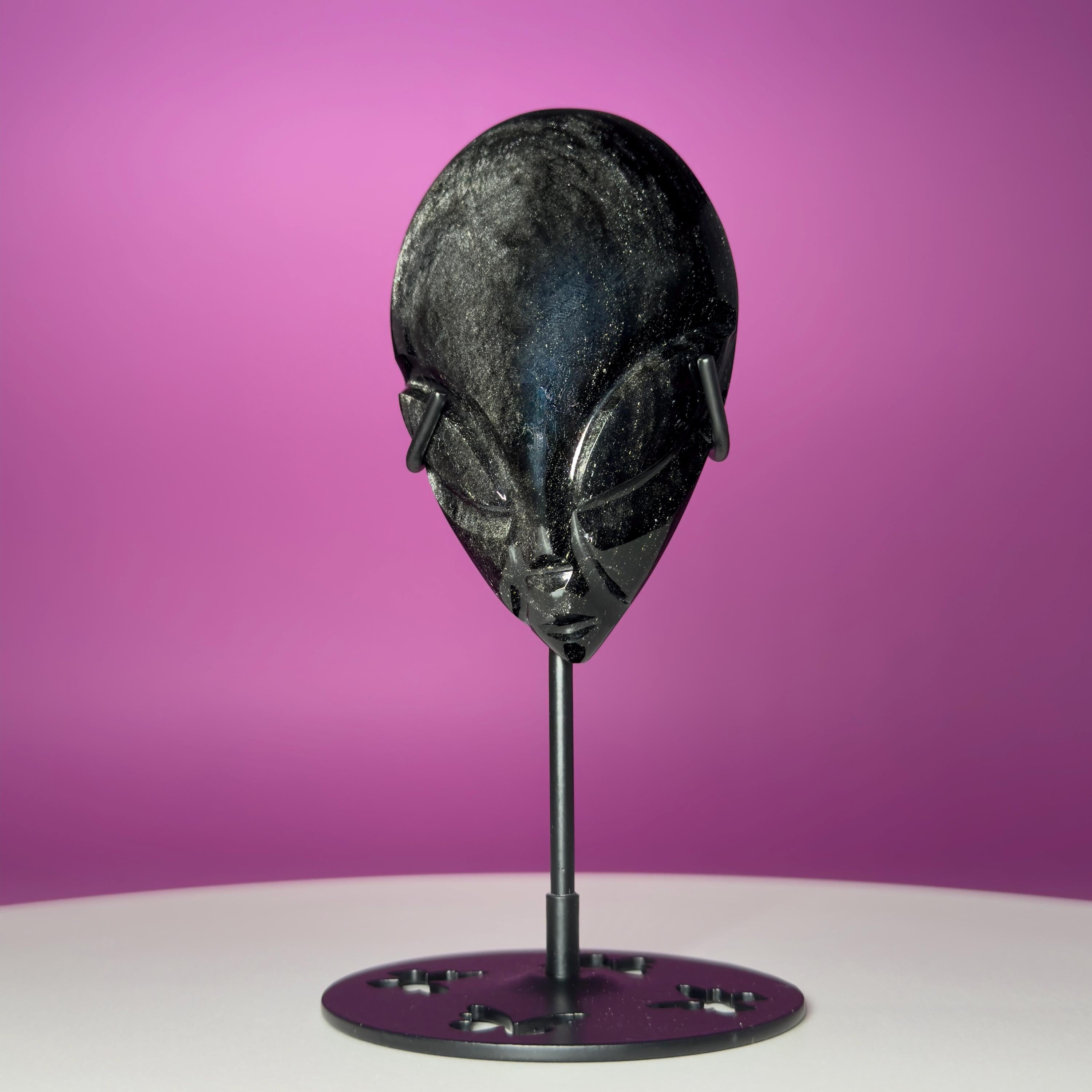 Silver Sheen Obsidian Alien Face Carving, Crystal Display Stand, Protection Stone