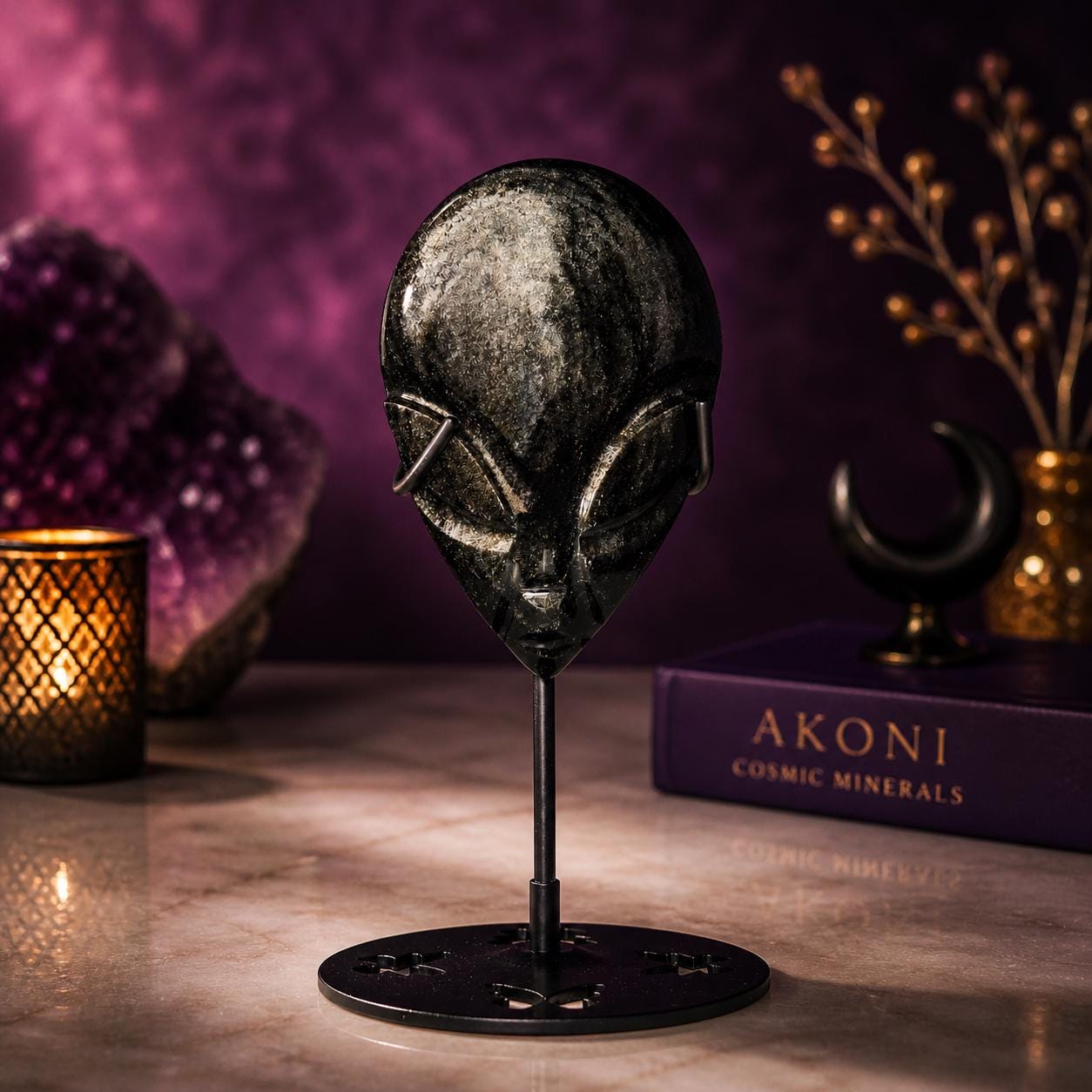 Silver Sheen Obsidian Alien Face Carving, Crystal Display Stand, Protection Stone