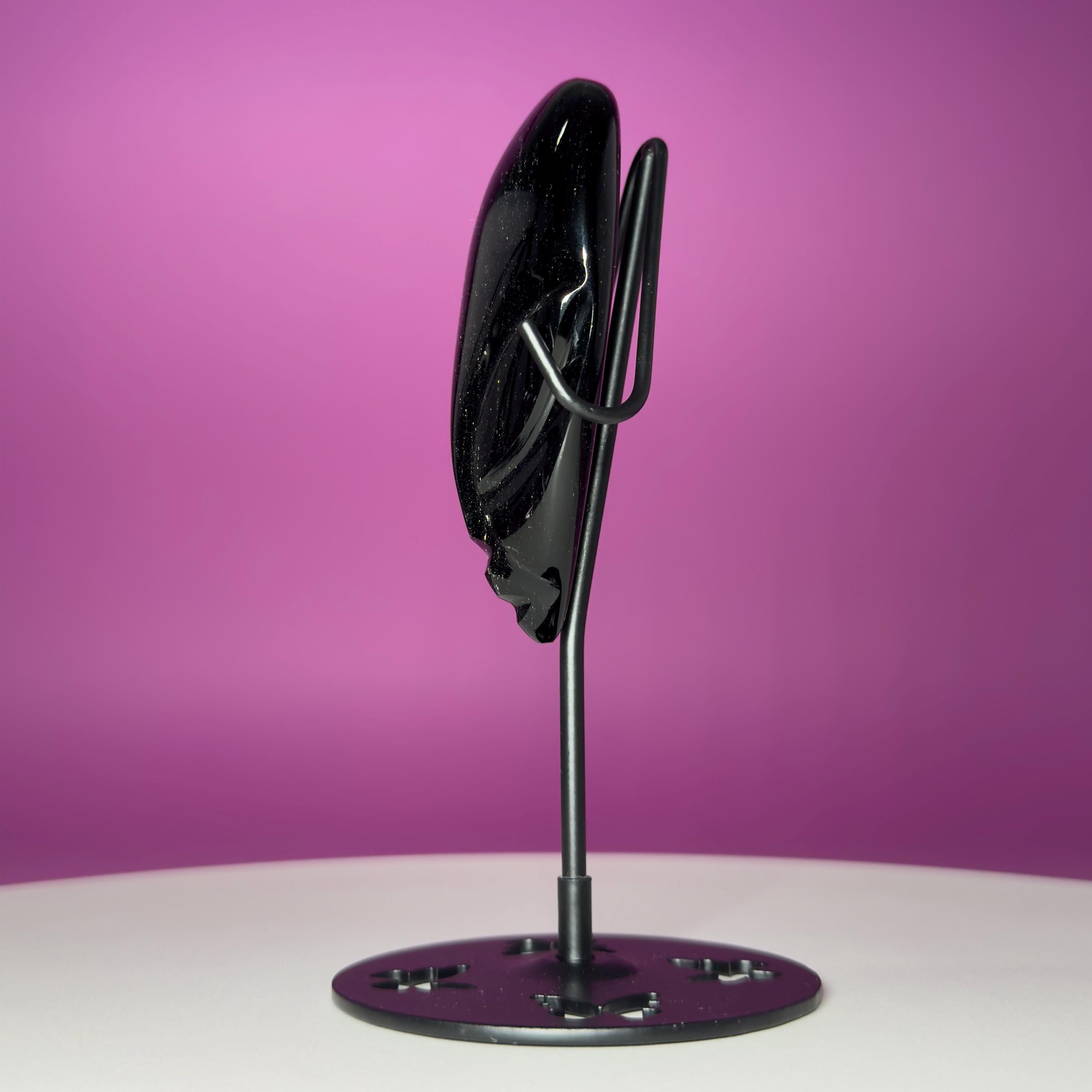 Silver Sheen Obsidian Alien Face Carving, Crystal Display Stand, Protection Stone
