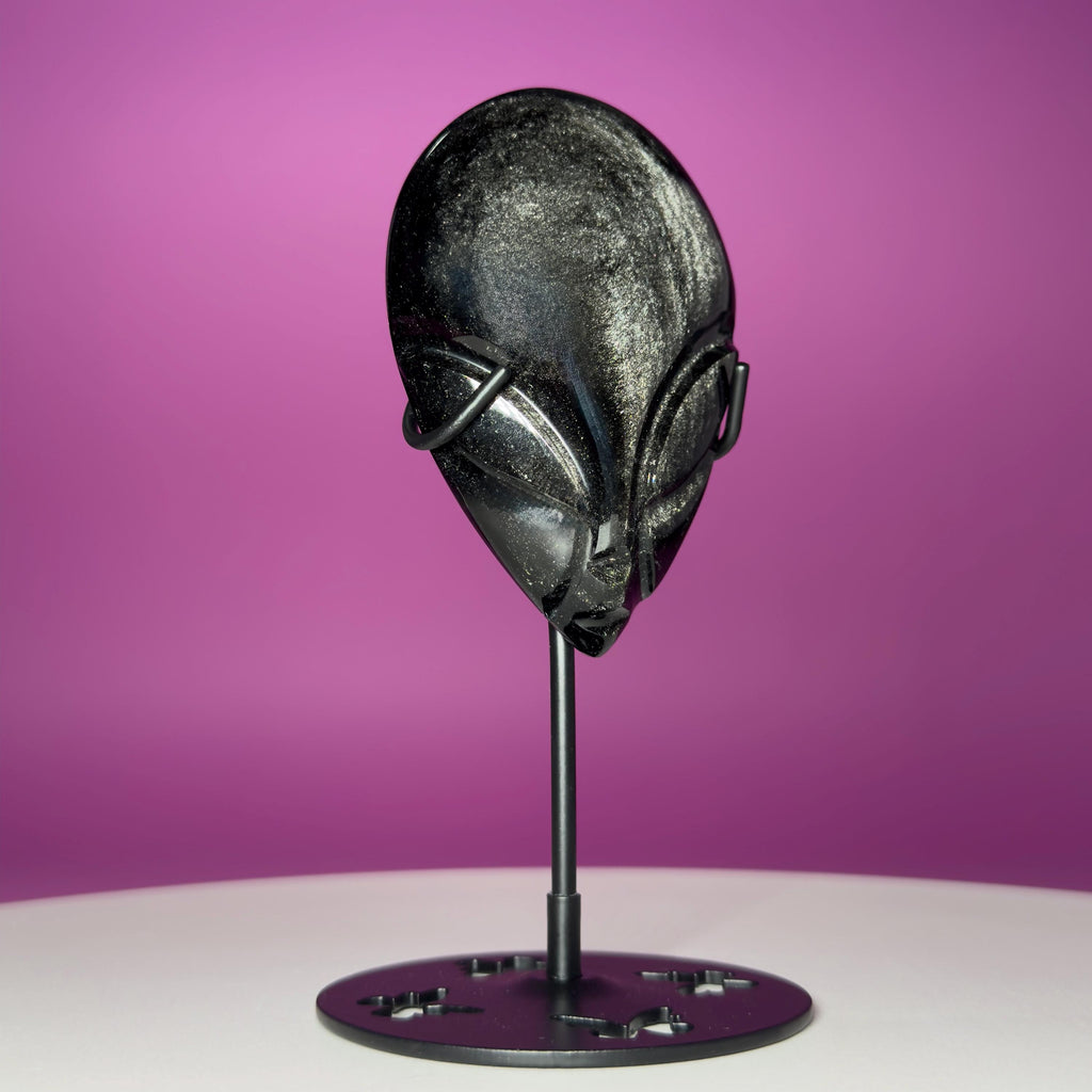 Silver Sheen Obsidian Alien Face Carving, Crystal Display Stand, Protection Stone
