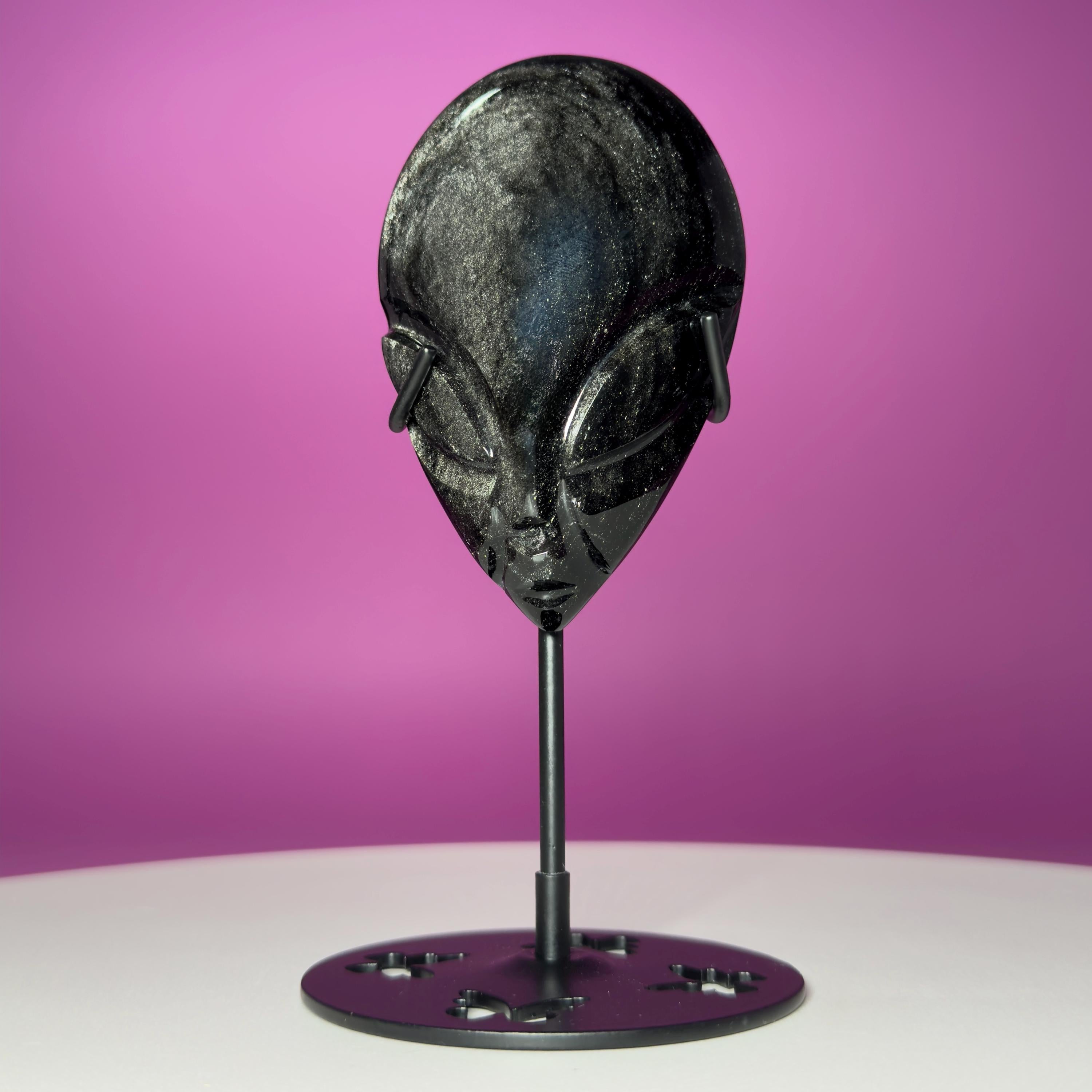 Silver Sheen Obsidian Alien Face Carving, Crystal Display Stand, Protection Stone