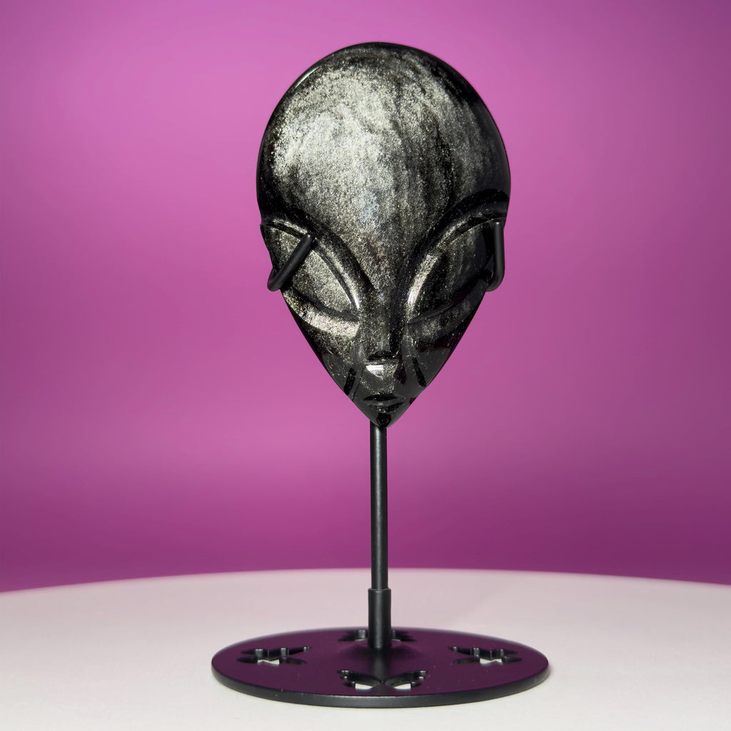 Silver Sheen Obsidian Alien Face Carving, Crystal Display Stand, Protection Stone