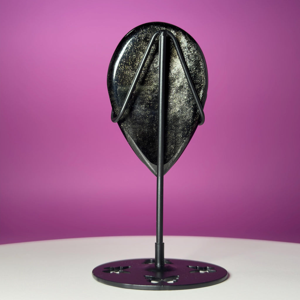 Silver Sheen Obsidian Alien Face Carving, Crystal Display Stand, Protection Stone