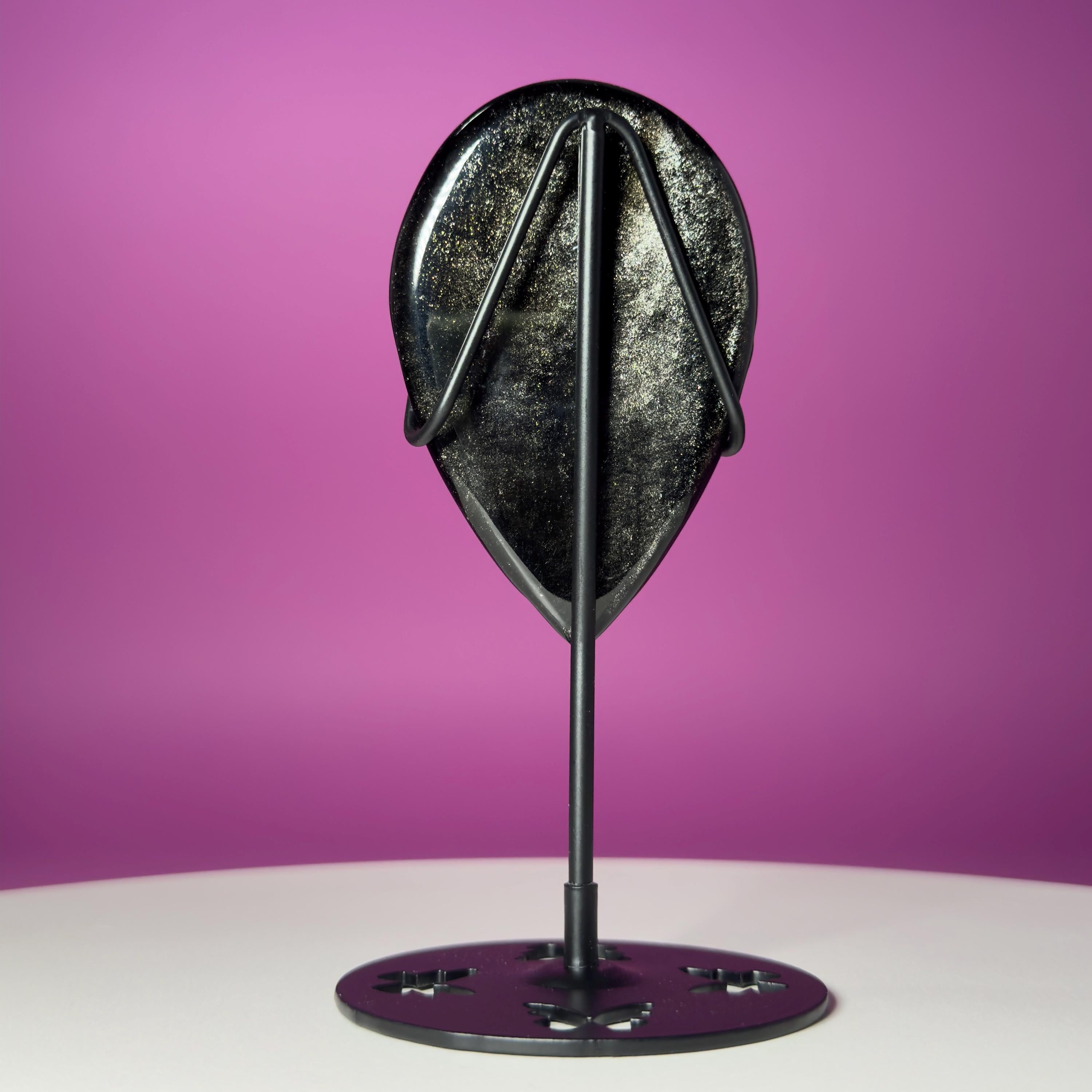 Silver Sheen Obsidian Alien Face Carving, Crystal Display Stand, Protection Stone