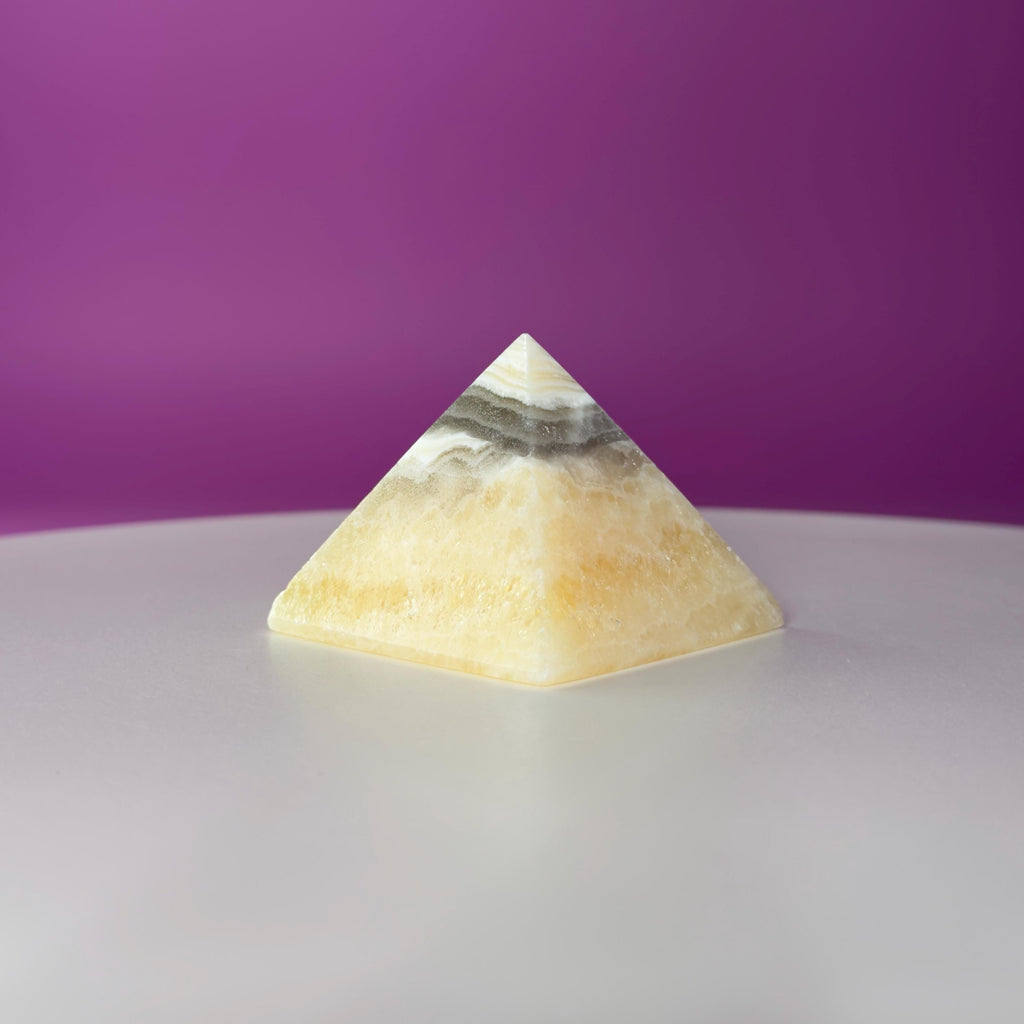 Zebra Calcite Pyramid from Mexico – UV Reactive Crystal Display