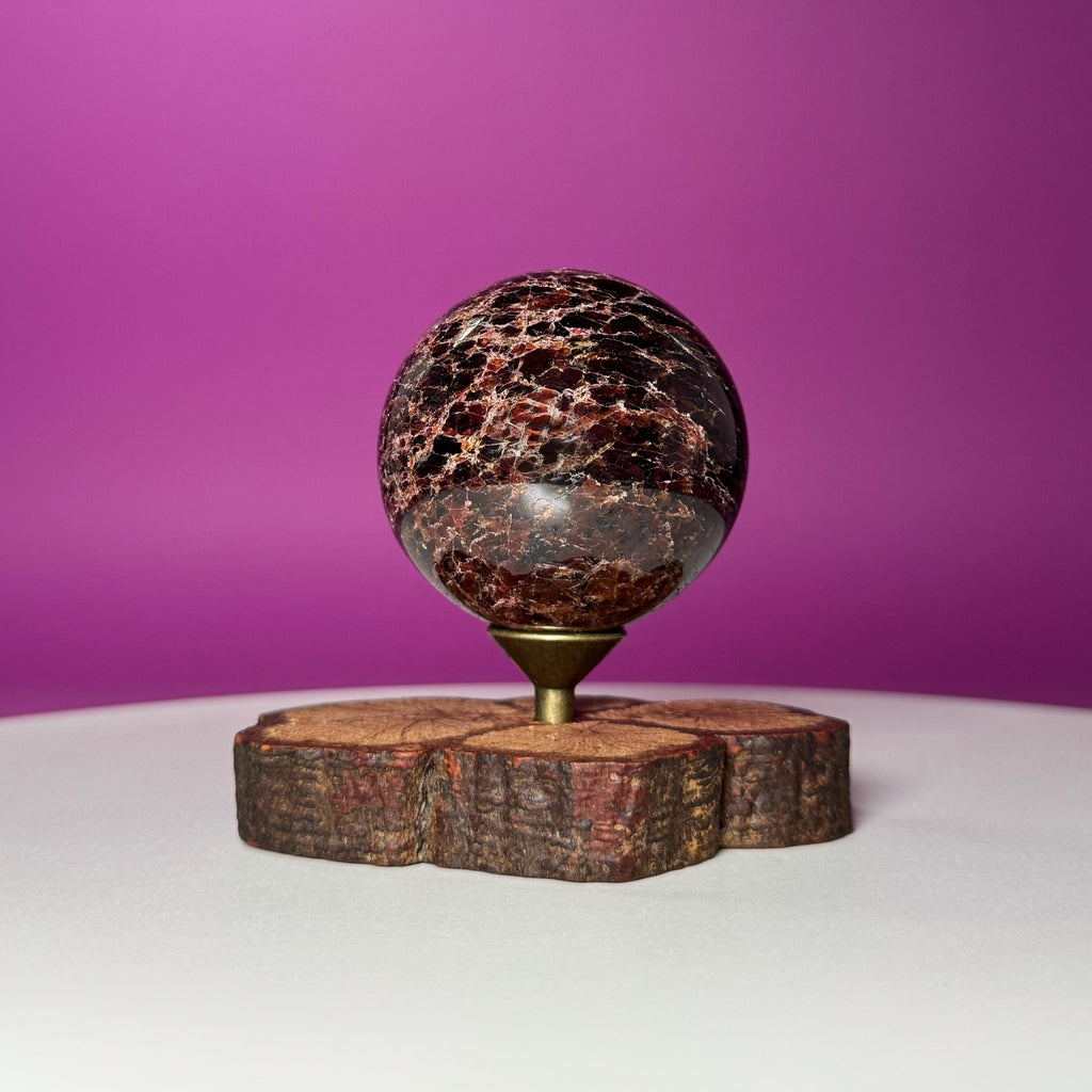 Garnet Sphere with Decorative Wood Stand – Grounding, Vitality & Strength