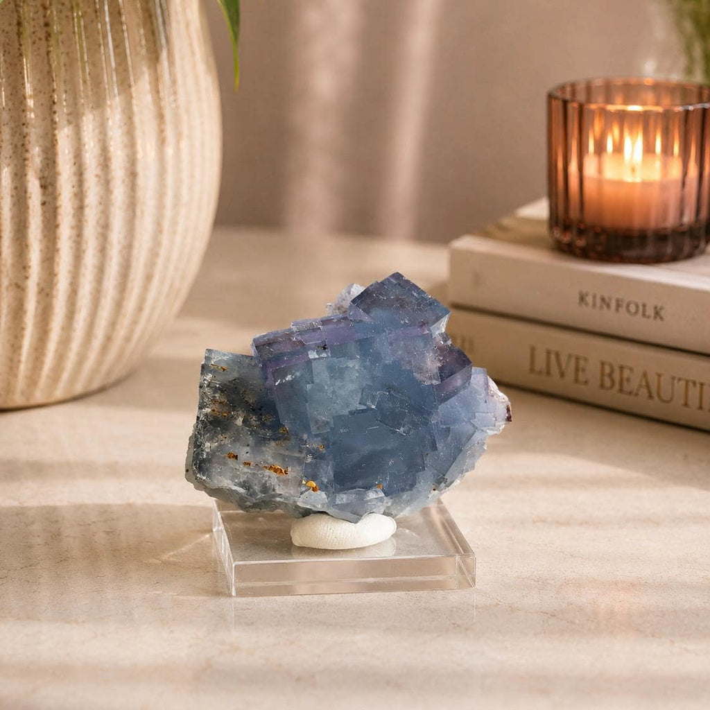 UV Reactive Beijing Fluorite Specimen with Display & Mineral Putty | Cubic Blue Green Crystal