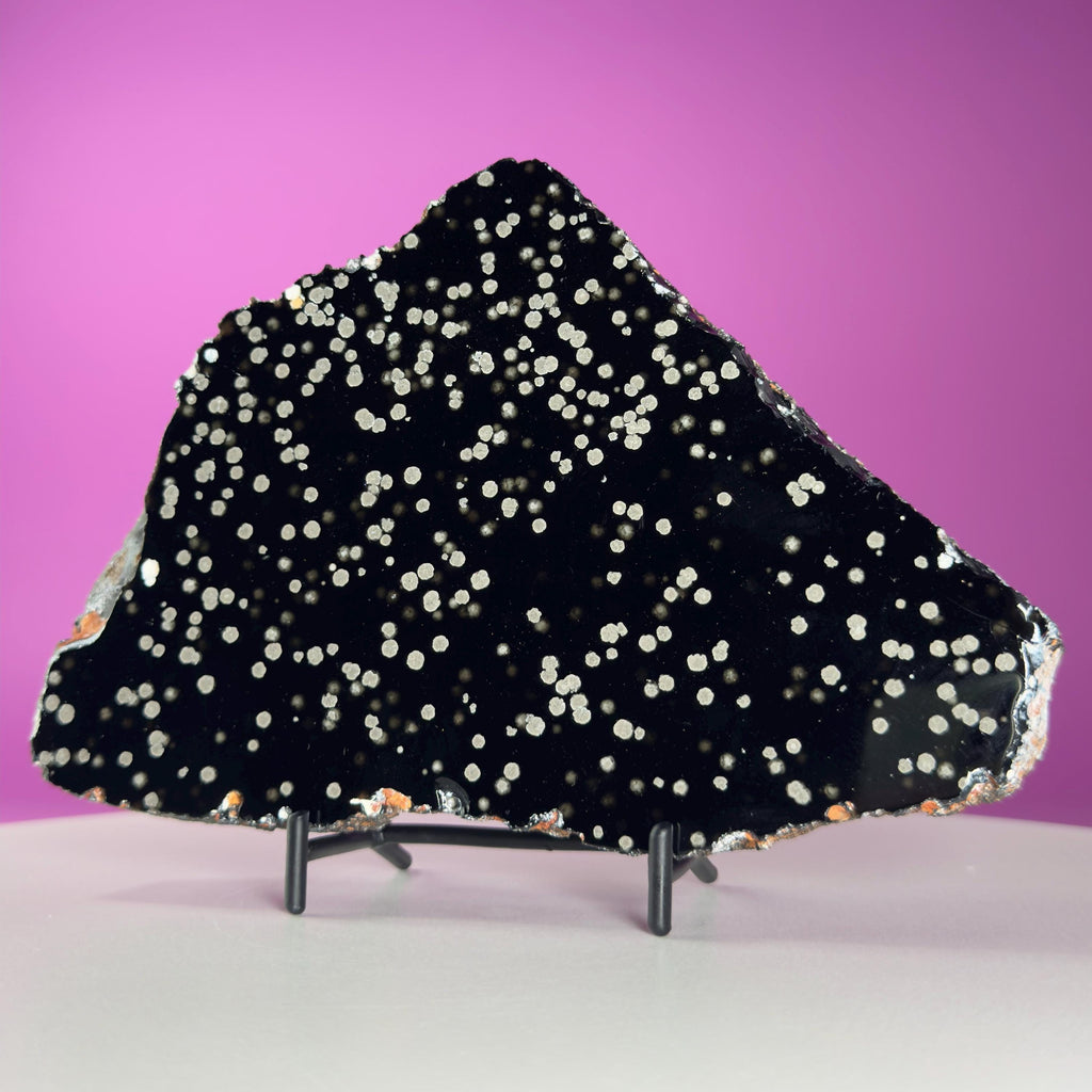 Stardust Obsidian Slab, Celestial Display Stone, Collector Decor with Black Metal Stand