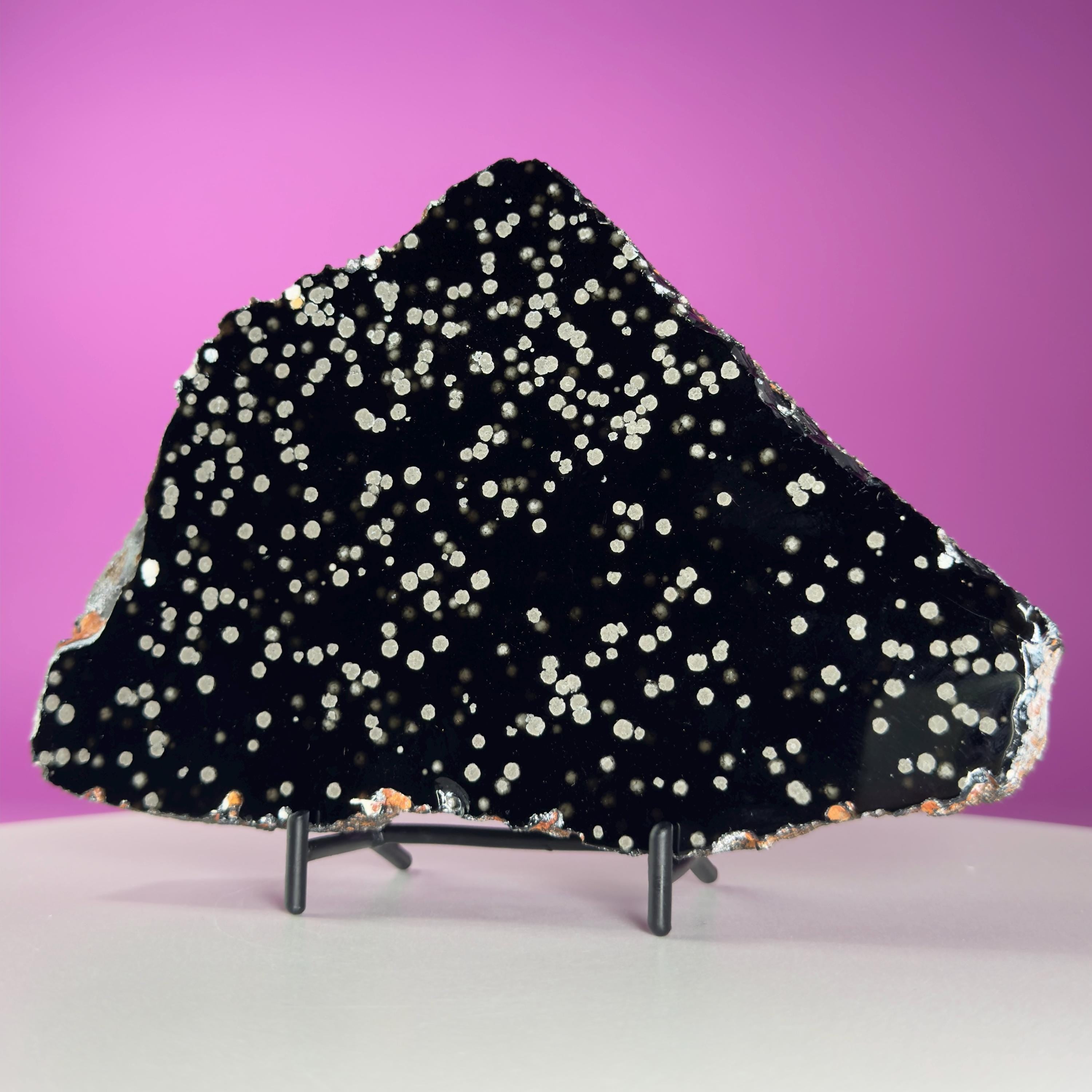 Stardust Obsidian Slab, Celestial Display Stone, Collector Decor with Black Metal Stand