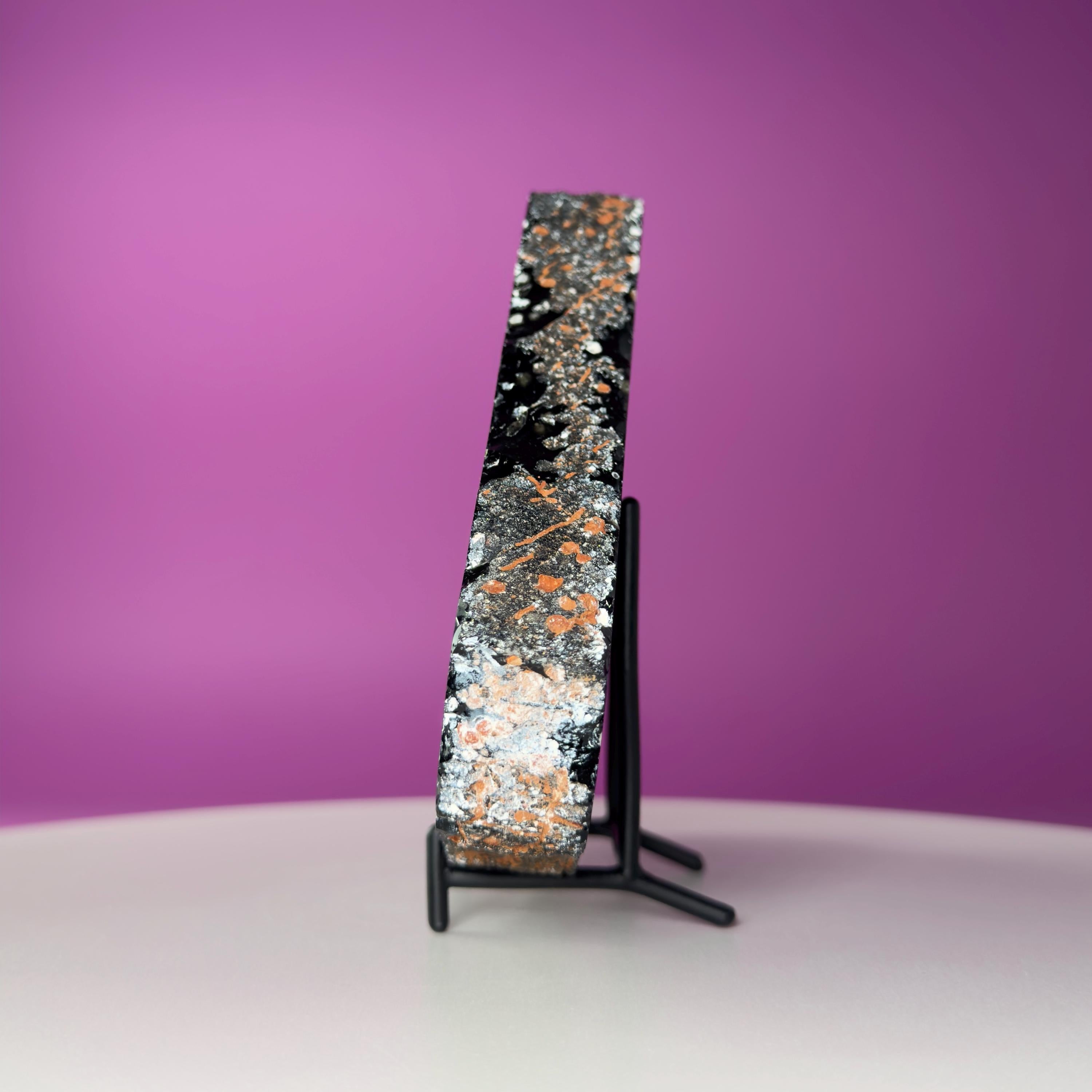 Stardust Obsidian Slab, Celestial Display Stone, Collector Decor with Black Metal Stand
