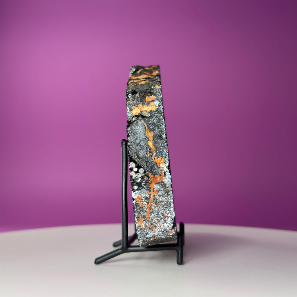 Stardust Obsidian Slab, Celestial Display Stone, Collector Decor with Black Metal Stand