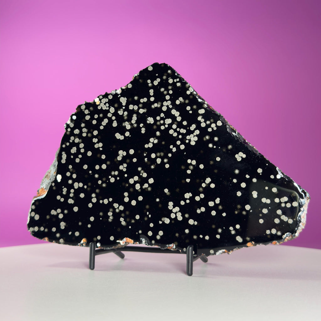 Stardust Obsidian Slab, Celestial Display Stone, Collector Decor with Black Metal Stand