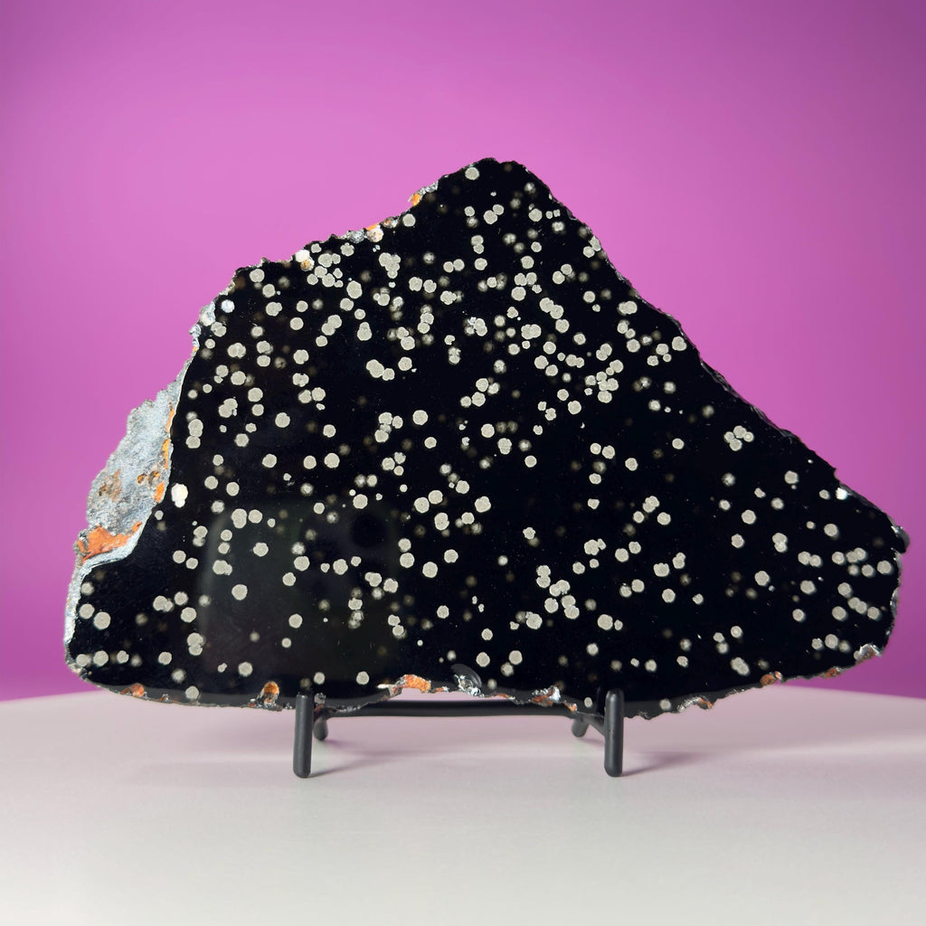 Stardust Obsidian Slab, Celestial Display Stone, Collector Decor with Black Metal Stand