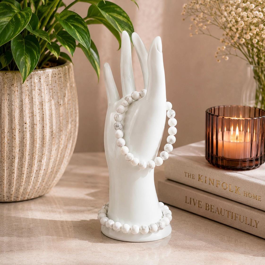 Howlite Bracelet 8mm | Calming White Crystal Jewelry | Minimalist Stretch Bracelet
