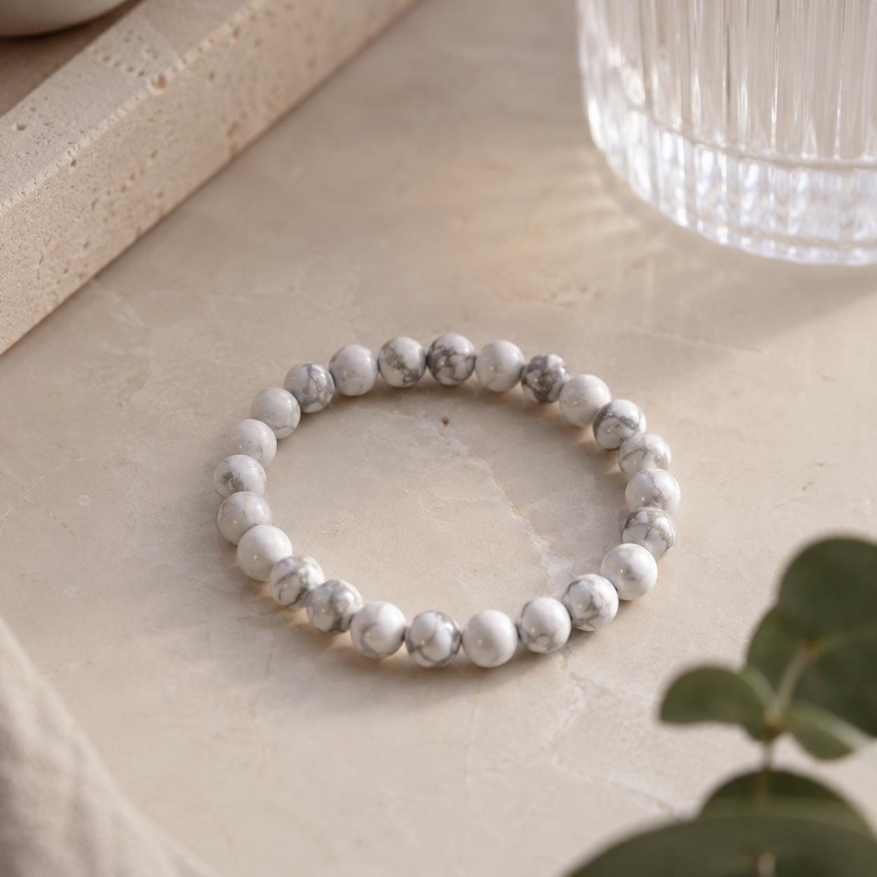 Howlite Bracelet 8mm | Calming White Crystal Jewelry | Minimalist Stretch Bracelet