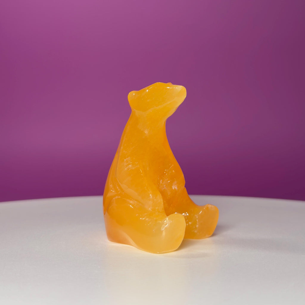Orange Calcite Polar Bear Carving, Crystal Animal Figurine, Arctic Décor Gift