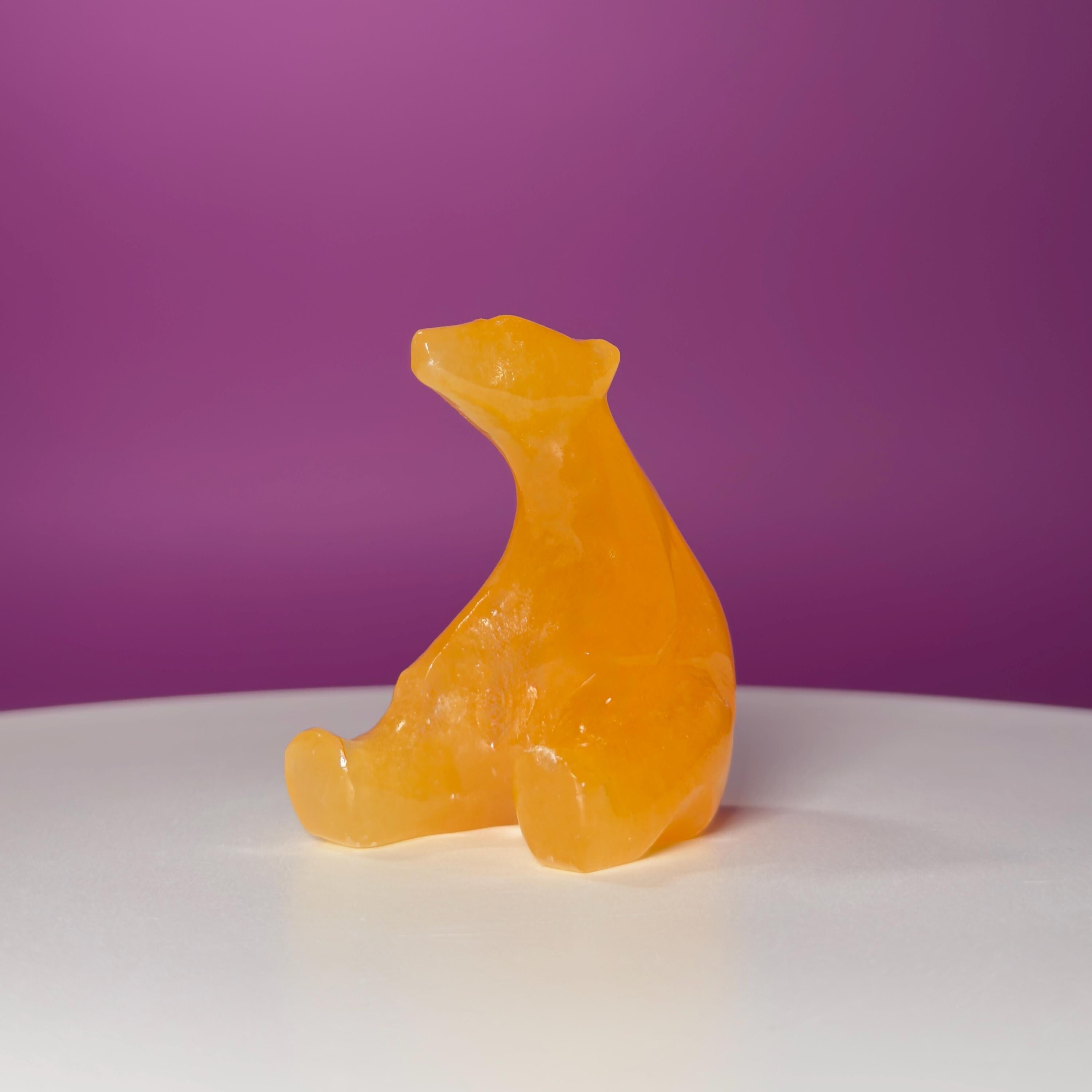 Orange Calcite Polar Bear Carving, Crystal Animal Figurine, Arctic Décor Gift