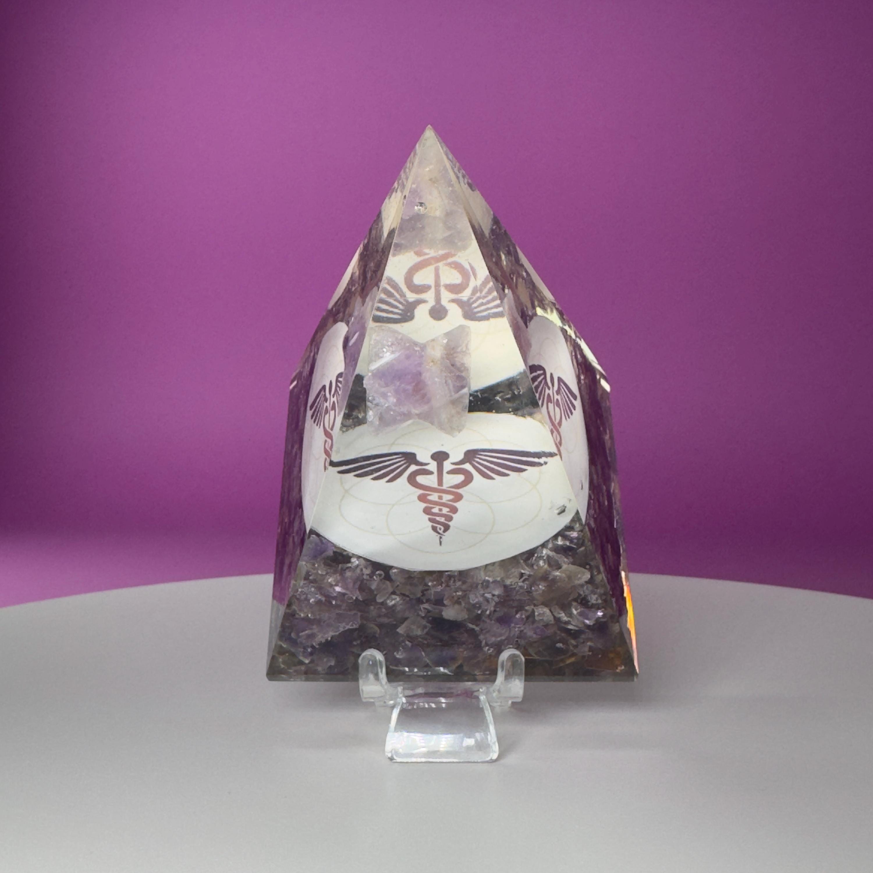 Amethyst Orgone Pyramid with Merkaba – Healing Energy Crystal Décor, Akoni’s Misfit Crystal