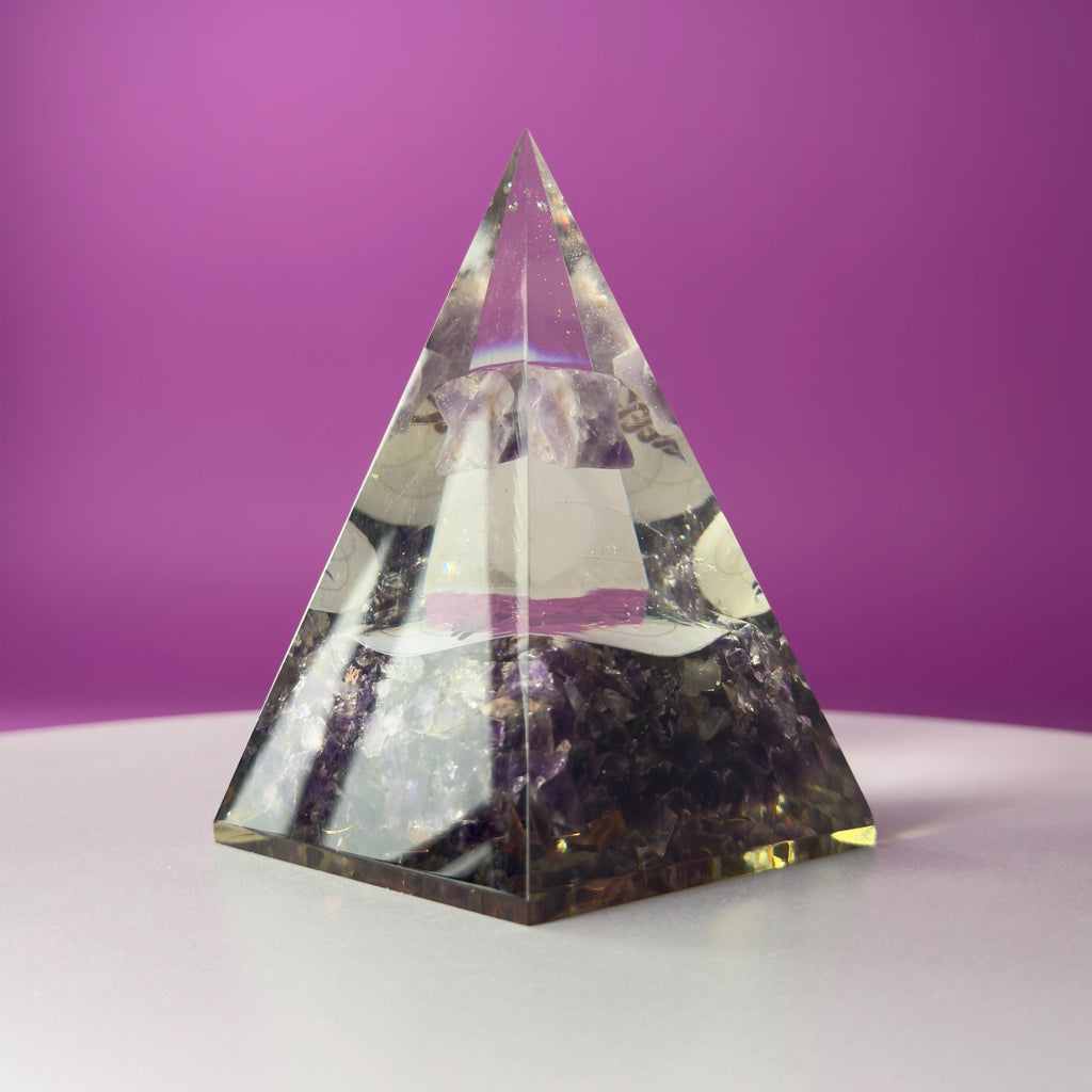 Amethyst Orgone Pyramid with Merkaba – Healing Energy Crystal Décor, Akoni’s Misfit Crystal