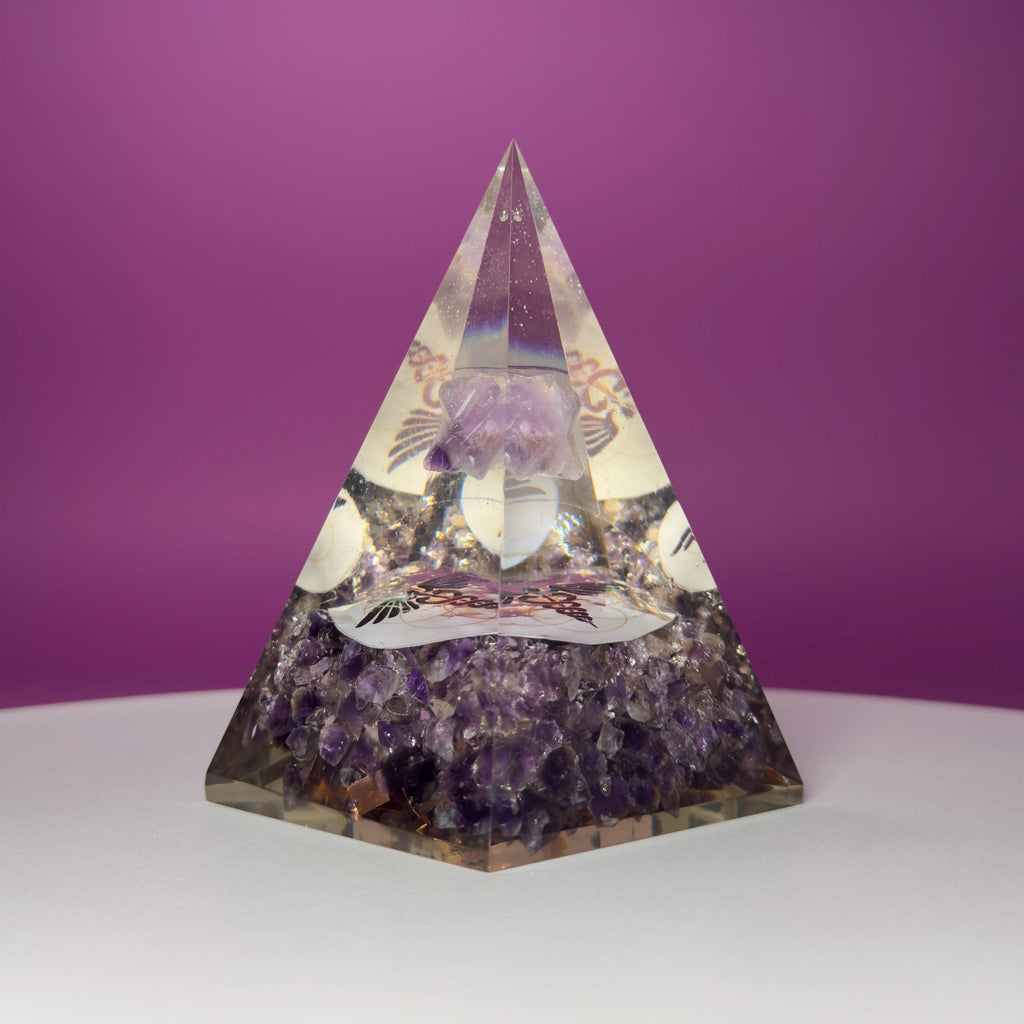 Amethyst Orgone Pyramid with Merkaba – Healing Energy Crystal Décor, Akoni’s Misfit Crystal