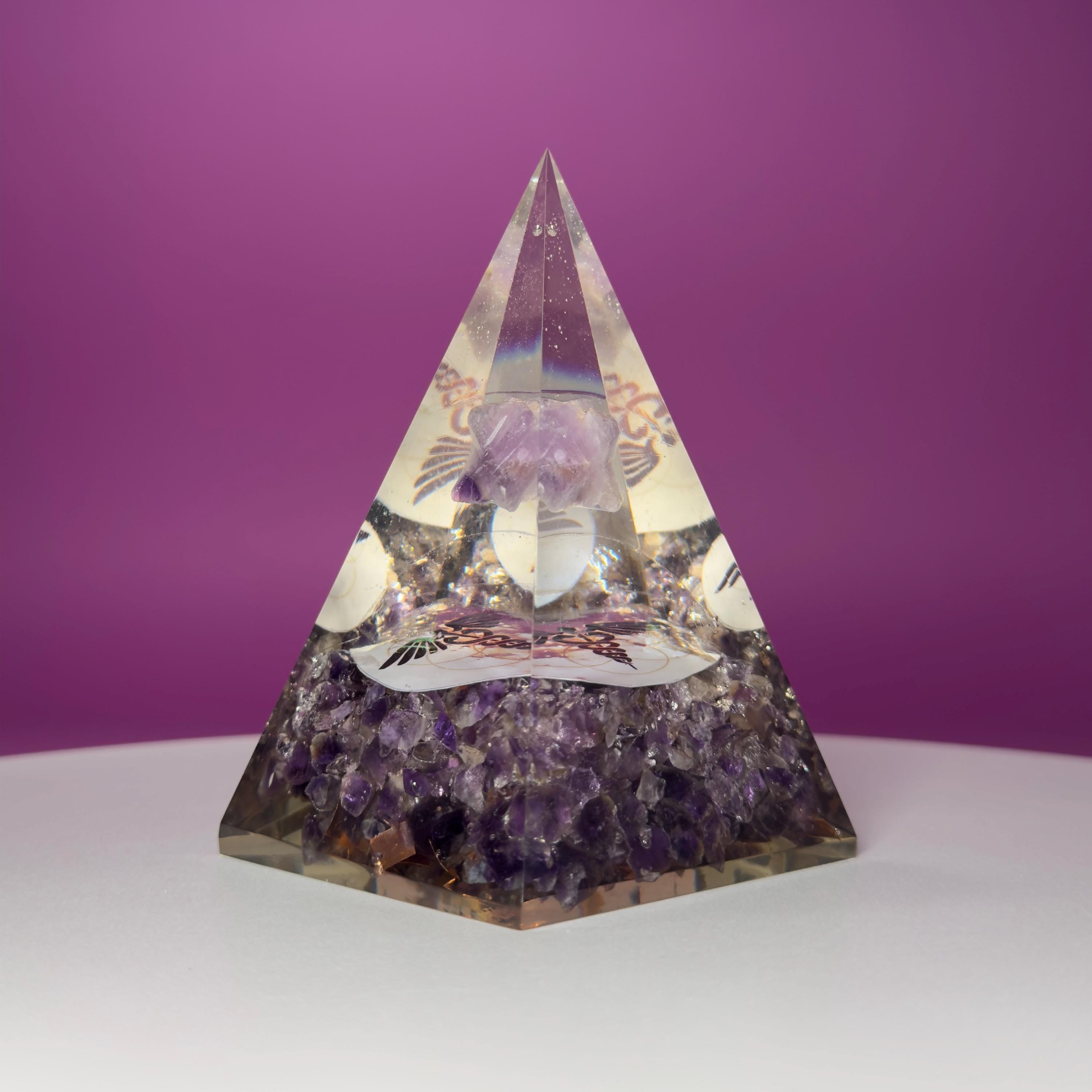 Amethyst Orgone Pyramid with Merkaba – Healing Energy Crystal Décor, Akoni’s Misfit Crystal