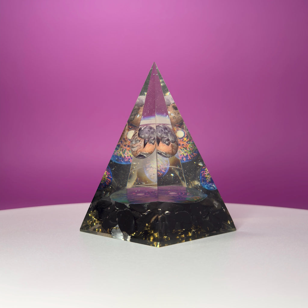 Shungite Orgone Pyramid with Amethyst Sphere | Tree of Life Décor