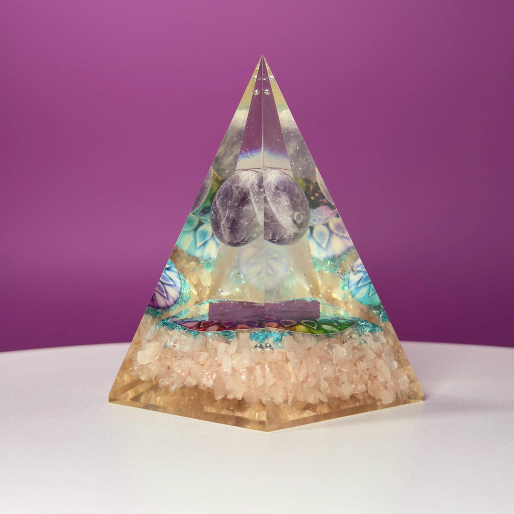 Rose Quartz Orgone Pyramid with Amethyst Sphere | Chakra Energy Décor