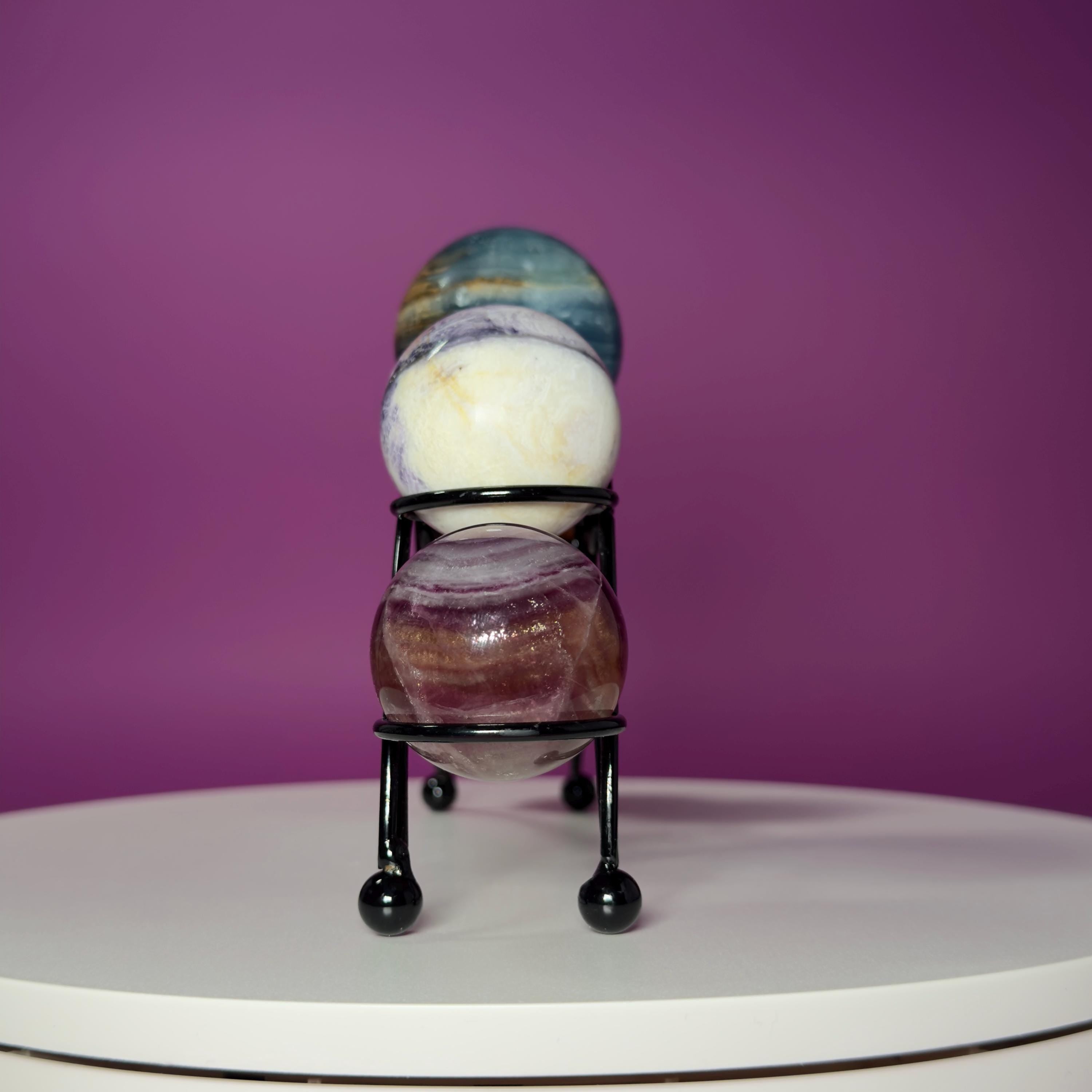 Mini Crystal Sphere Collection with Decorative Black Metal Stand | Collector Display