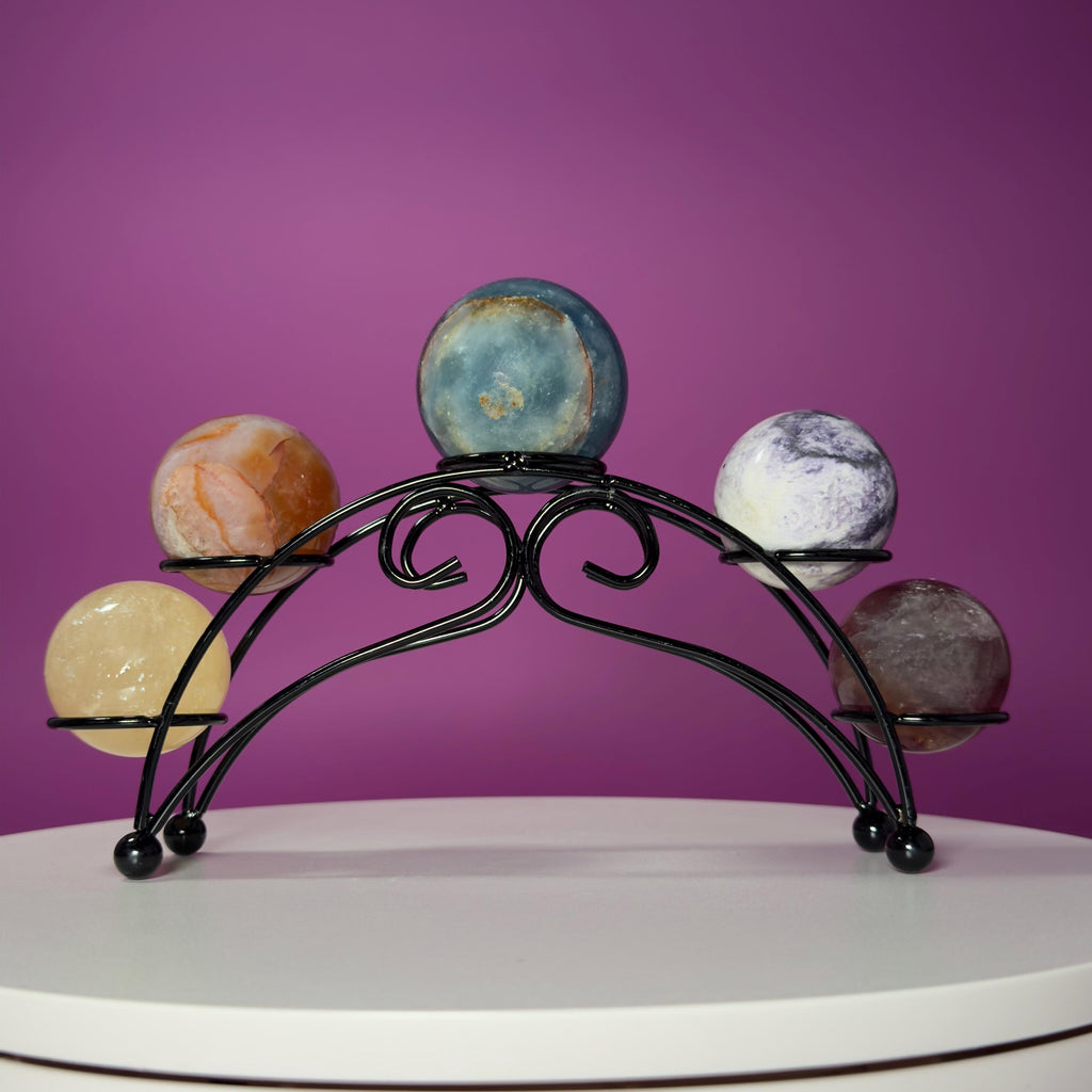 Mini Crystal Sphere Collection with Decorative Black Metal Stand | Collector Display