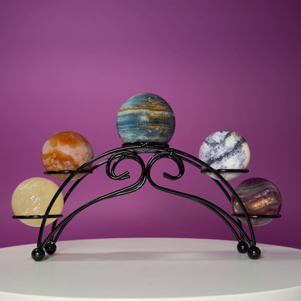 Mini Crystal Sphere Collection with Decorative Black Metal Stand | Collector Display