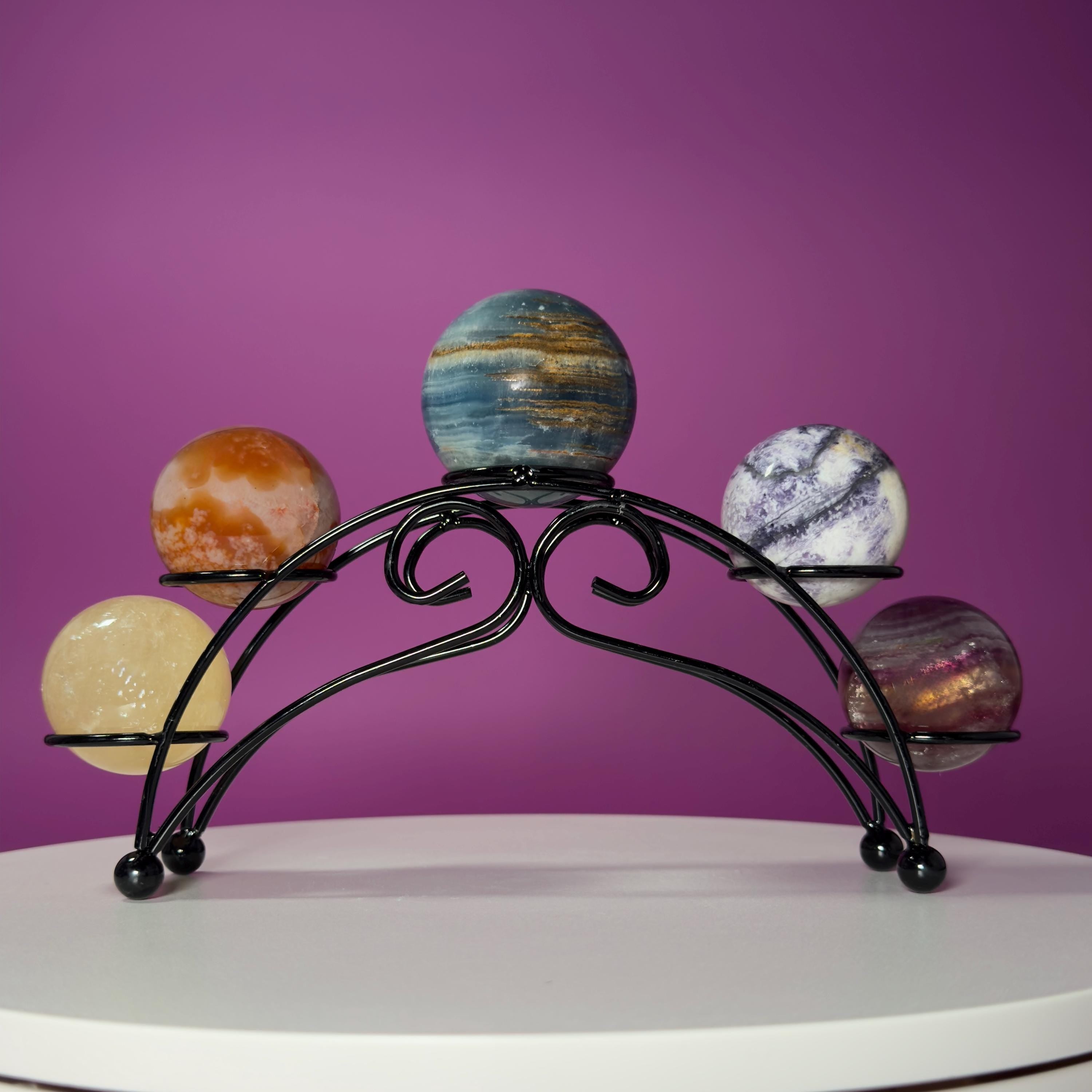 Mini Crystal Sphere Collection with Decorative Black Metal Stand | Collector Display